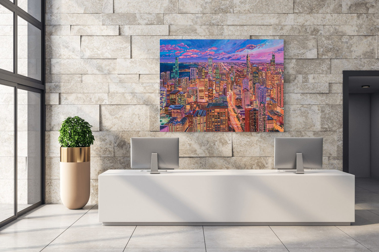 hotel or office lobby with vibrant skyline night scene of Chicago