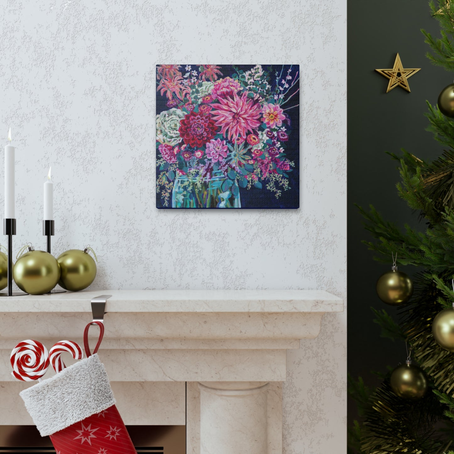 Warm Winter Floral Still Life— Gallery Wrapped Canvas Reproduction with navy edges
