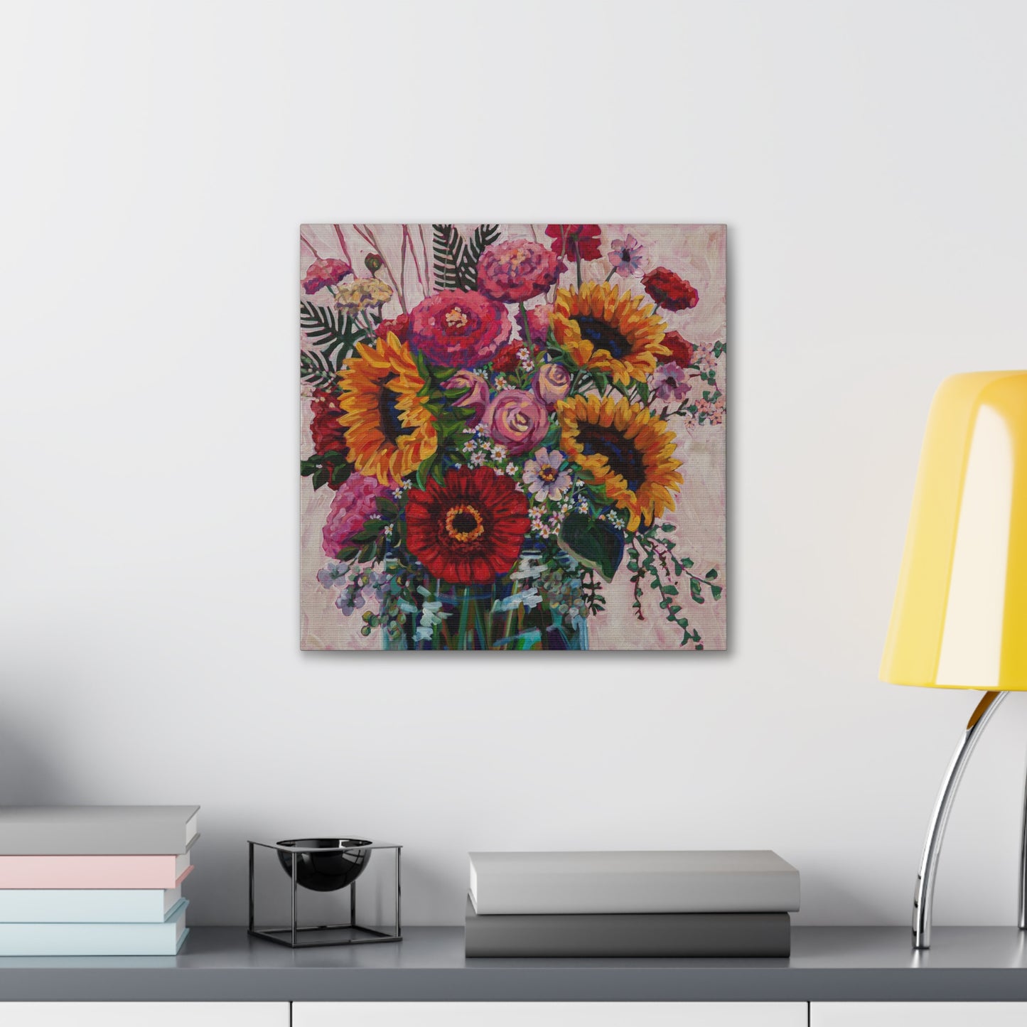 Sunflower and Zinnia Still Life— Gallery Wrapped Canvas Reproduction with navy edges