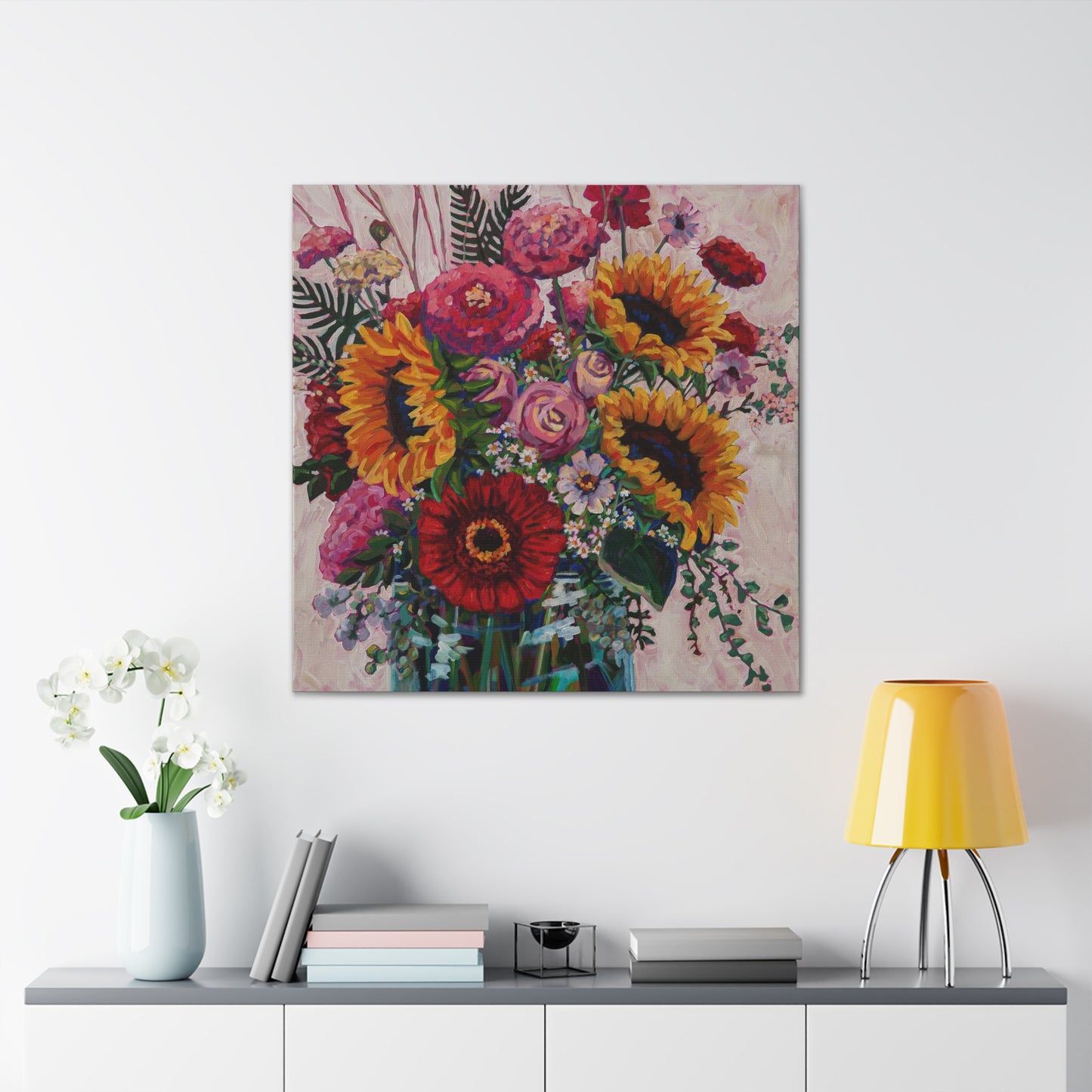 Sunflower and Zinnia Still Life— Gallery Wrapped Canvas Reproduction with navy edges