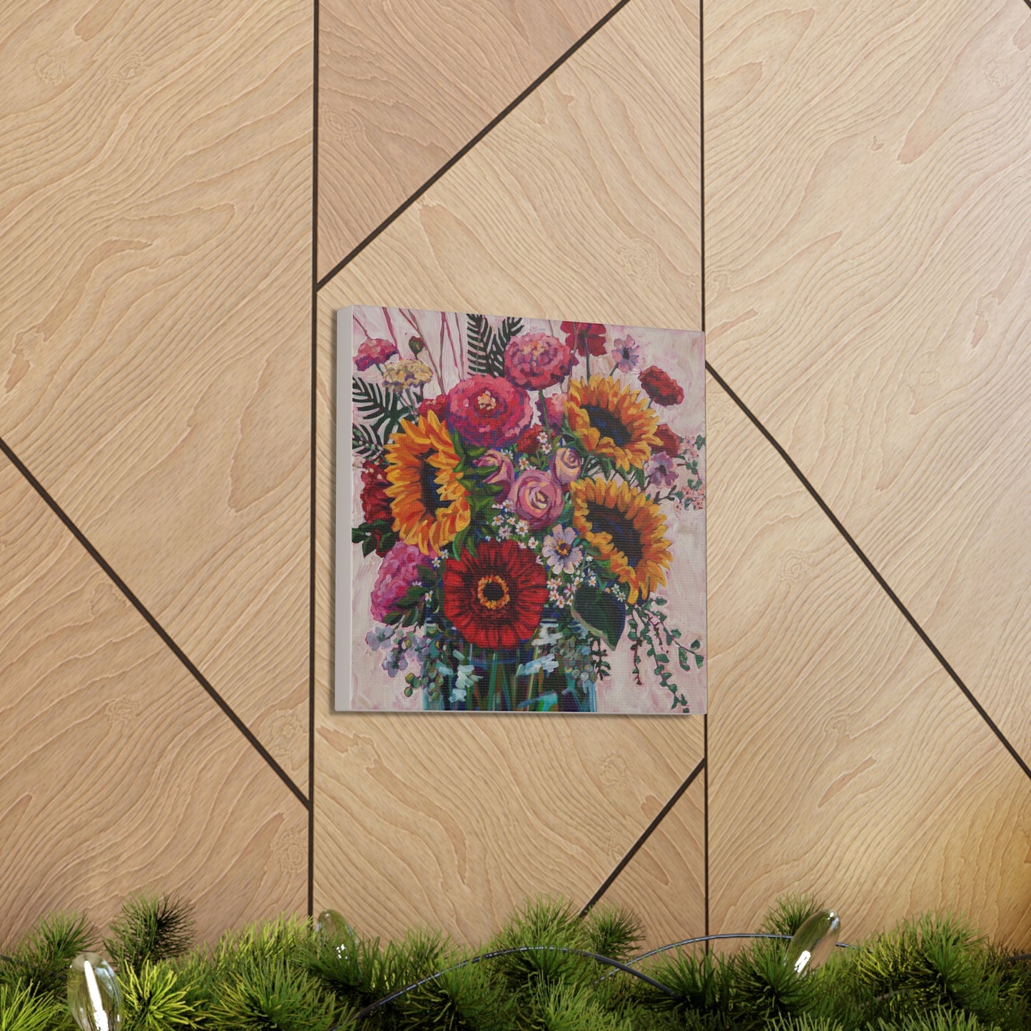 Sunflower and Zinnia Still Life— Gallery Wrapped Canvas Reproduction with navy edges