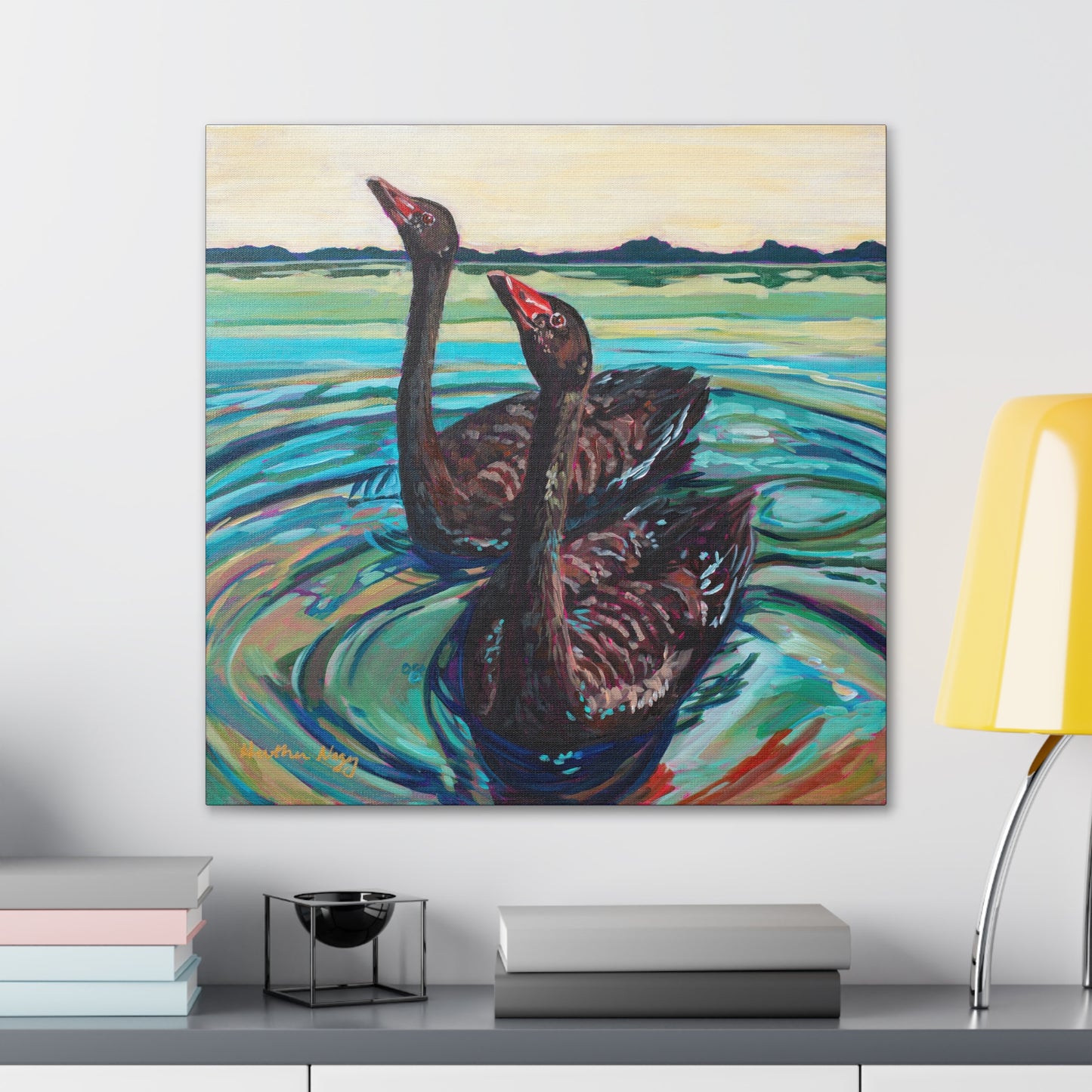 Black swan pair— Gallery Wrapped Canvas Reproduction