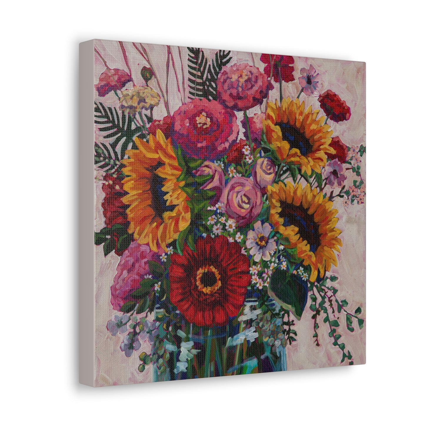 Sunflower and Zinnia Still Life— Gallery Wrapped Canvas Reproduction with navy edges