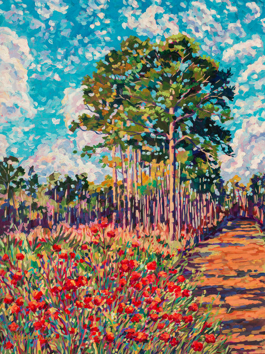 bright and cheerful modern impressionist painting with Van Gogh like style of Split Oak Forrest park in South East Orlando showing a grouping of pine trees standing tall with a cloudy sky, a shadowed trail and vibrant red flowers in the foreground.