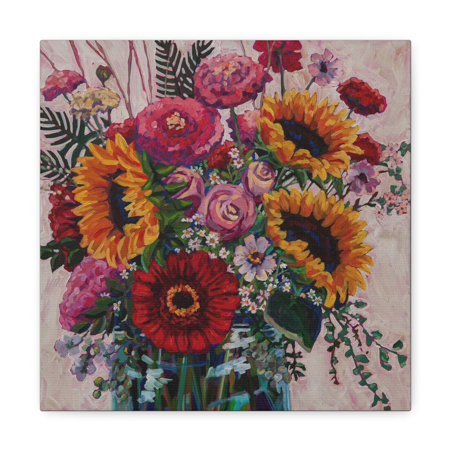 Sunflower and Zinnia Still Life— Gallery Wrapped Canvas Reproduction with navy edges