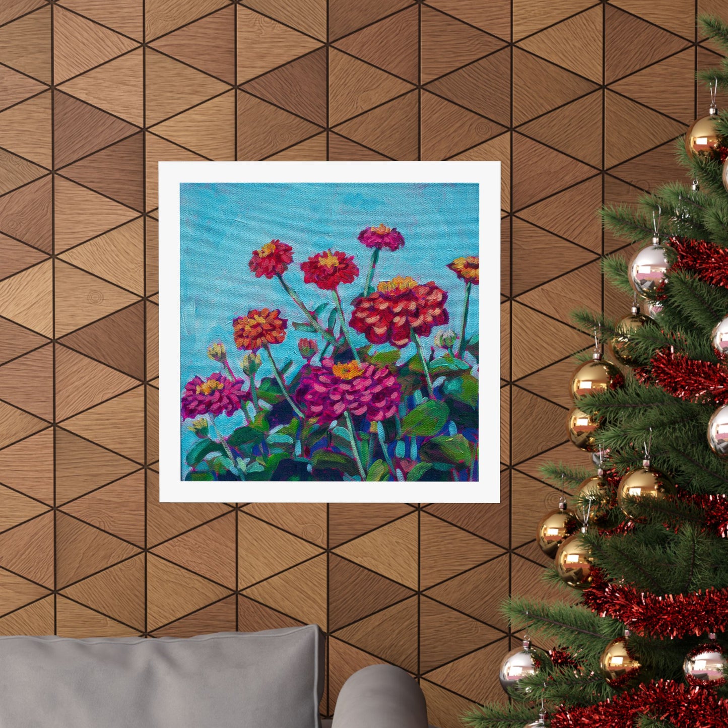Happy Zinnias floral— Matte Paper Poster Reproduction