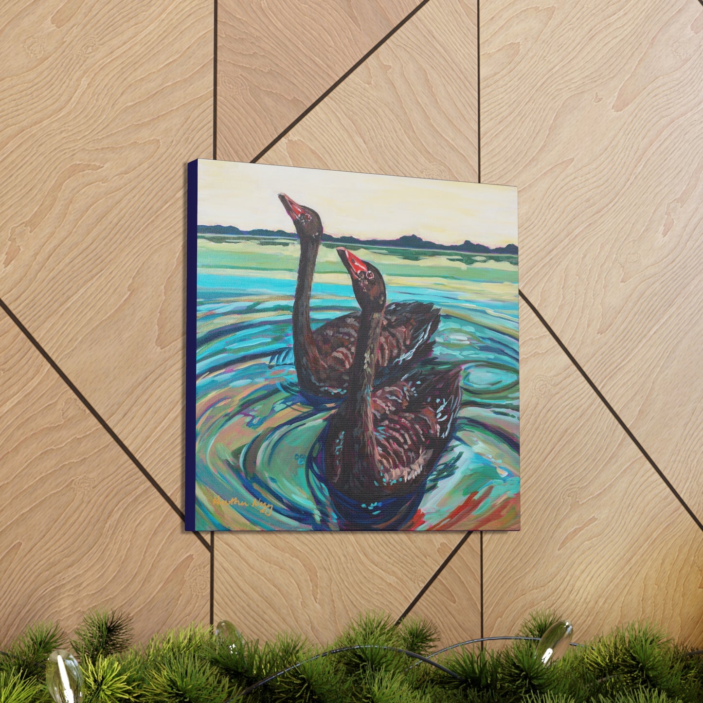 Black swan pair— Gallery Wrapped Canvas Reproduction