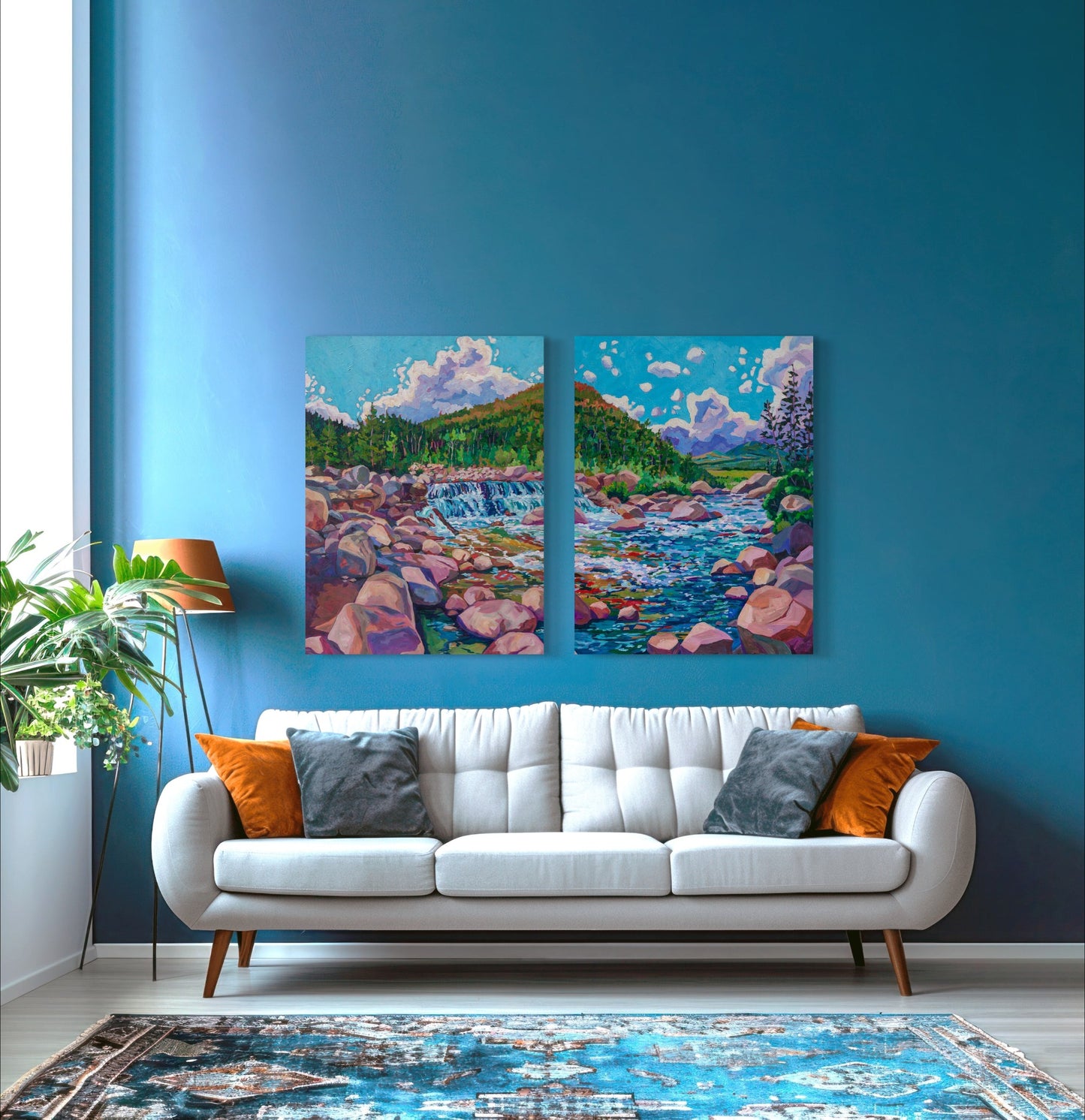 diptych painting of rocky mountains in living room setting
