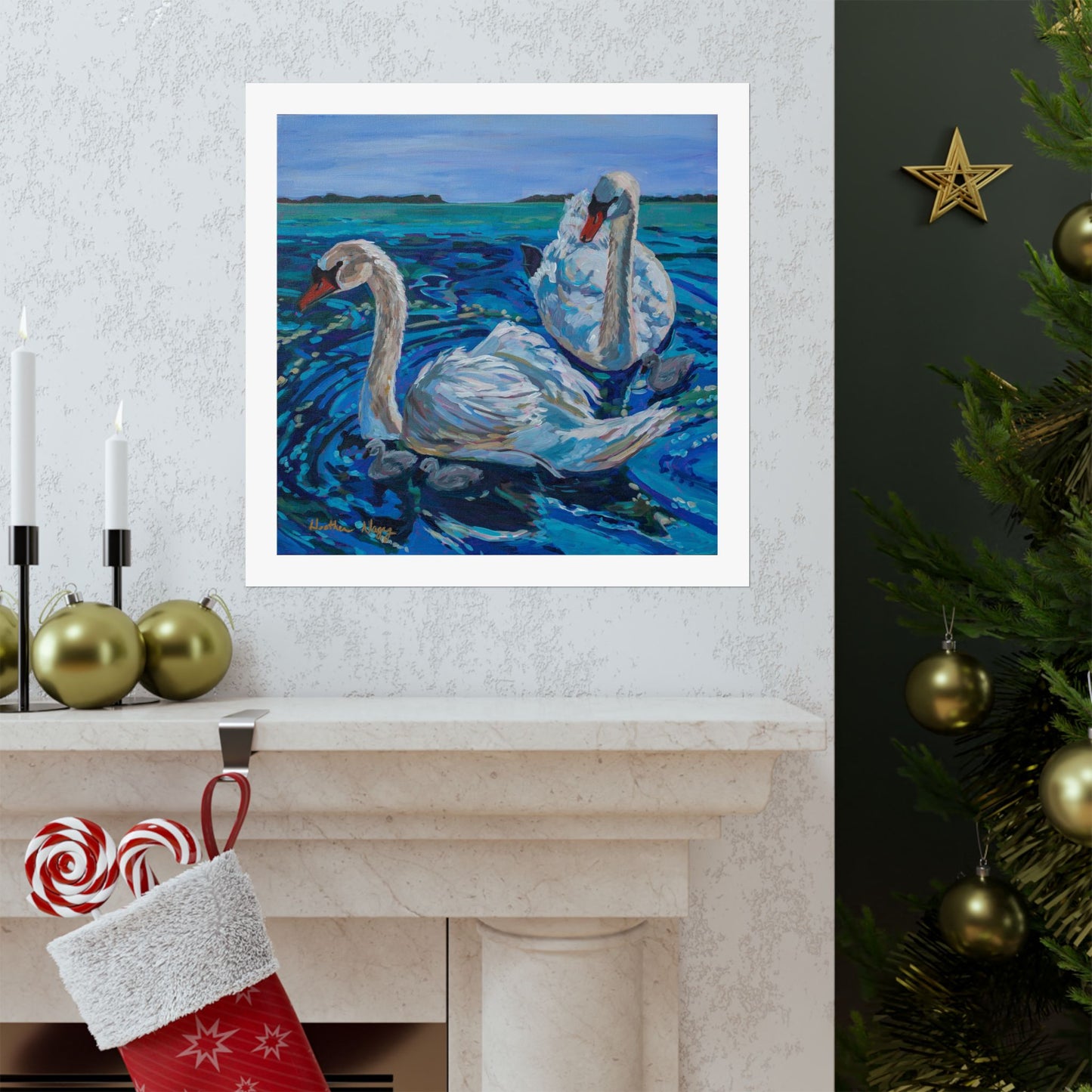 Mute Swan Family— Matte Paper Poster Reproduction