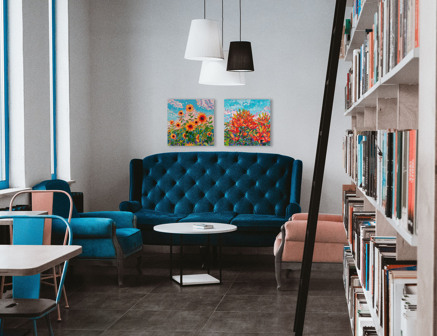 tiger lily and sunflower painting in a library setting