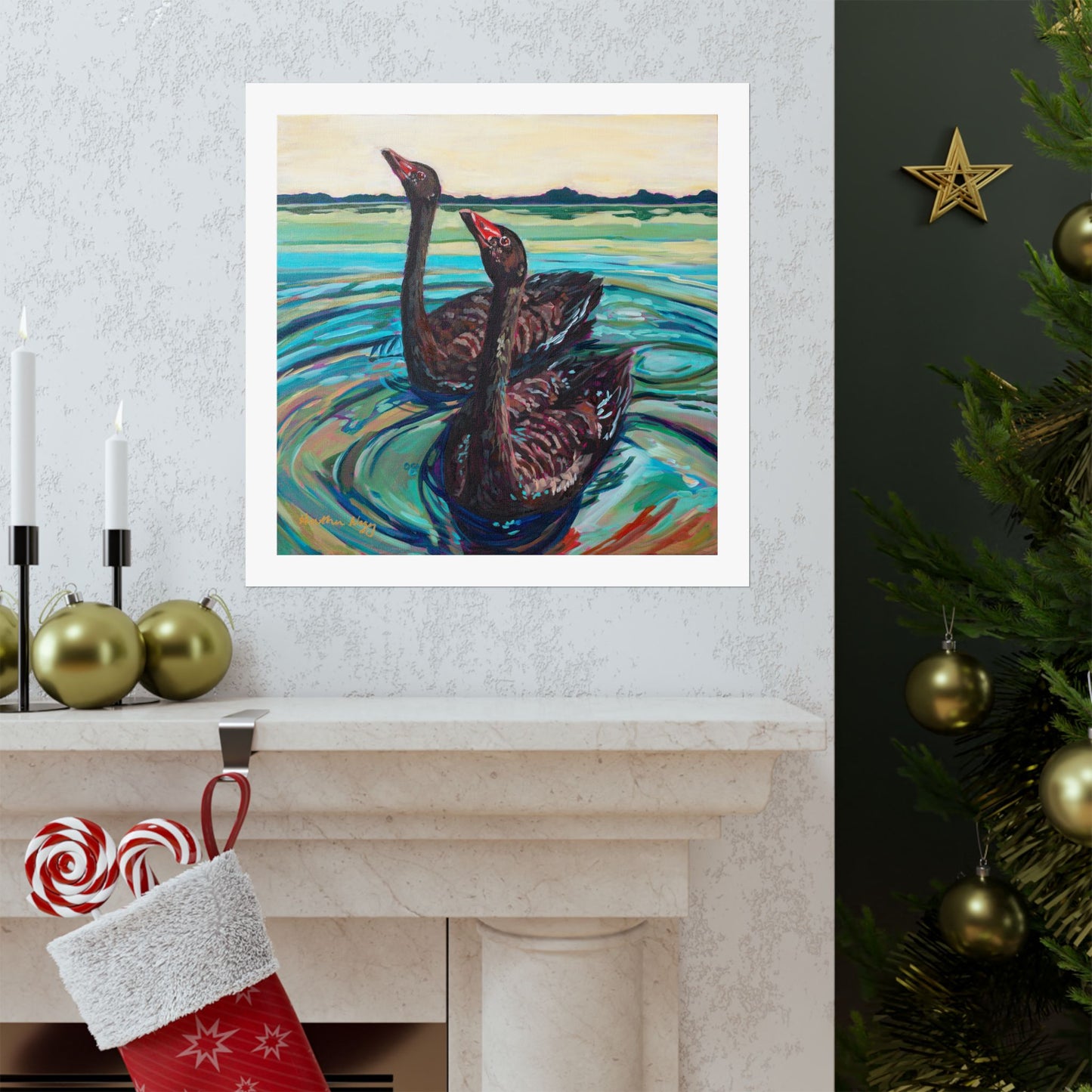 Black swan pair— Matte Paper Poster Reproduction