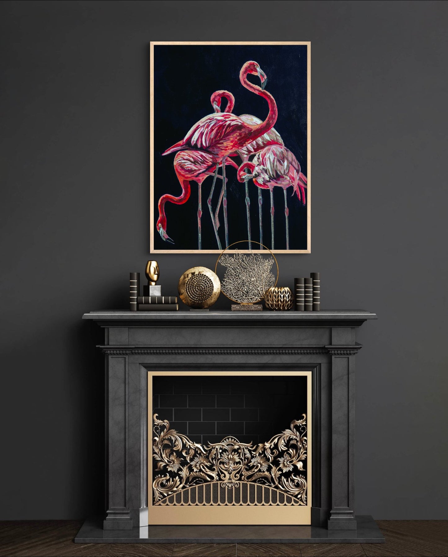 Pink flamingos against a dark navy backgroun painting above a fireplace in a dramatic grey room.