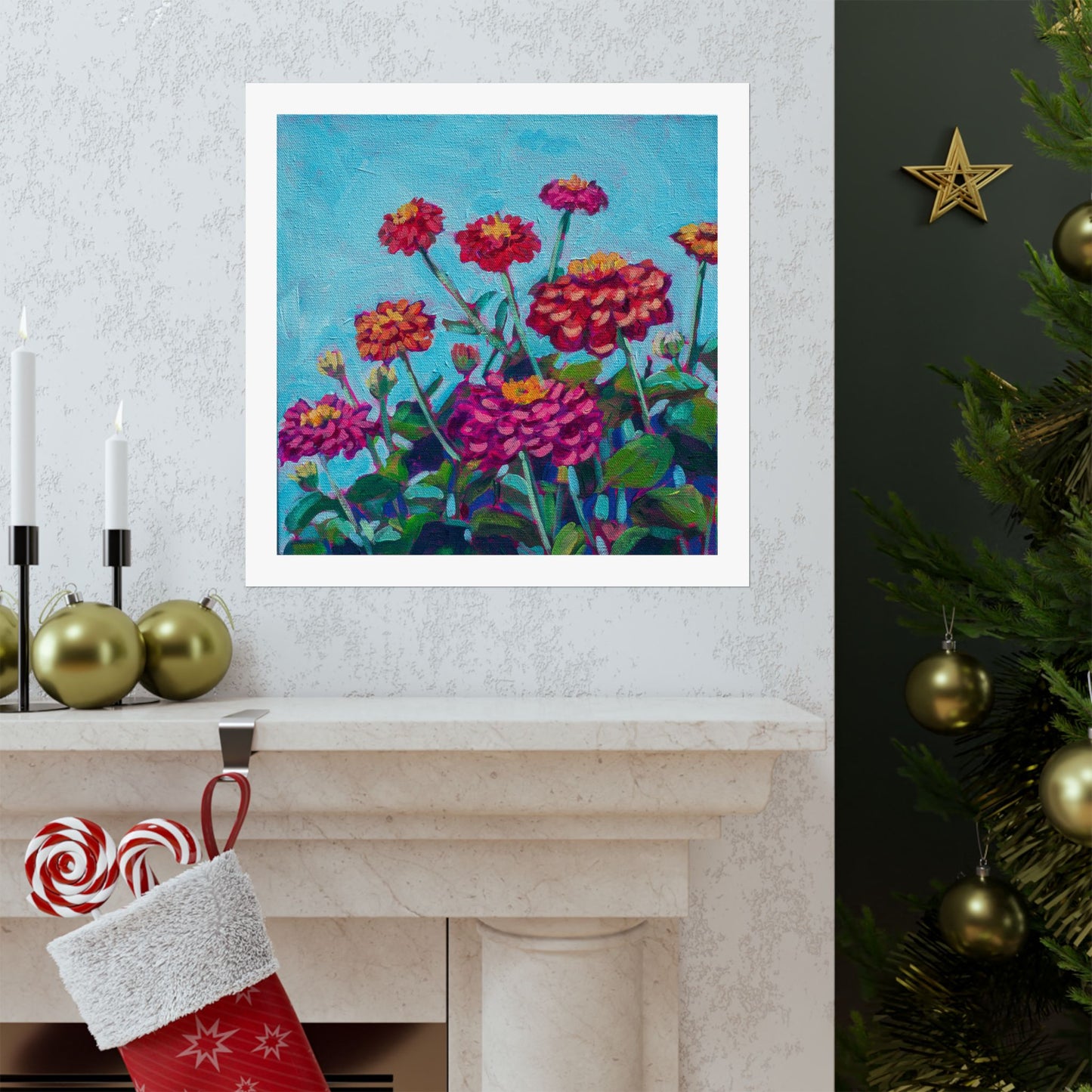 Happy Zinnias floral— Matte Paper Poster Reproduction