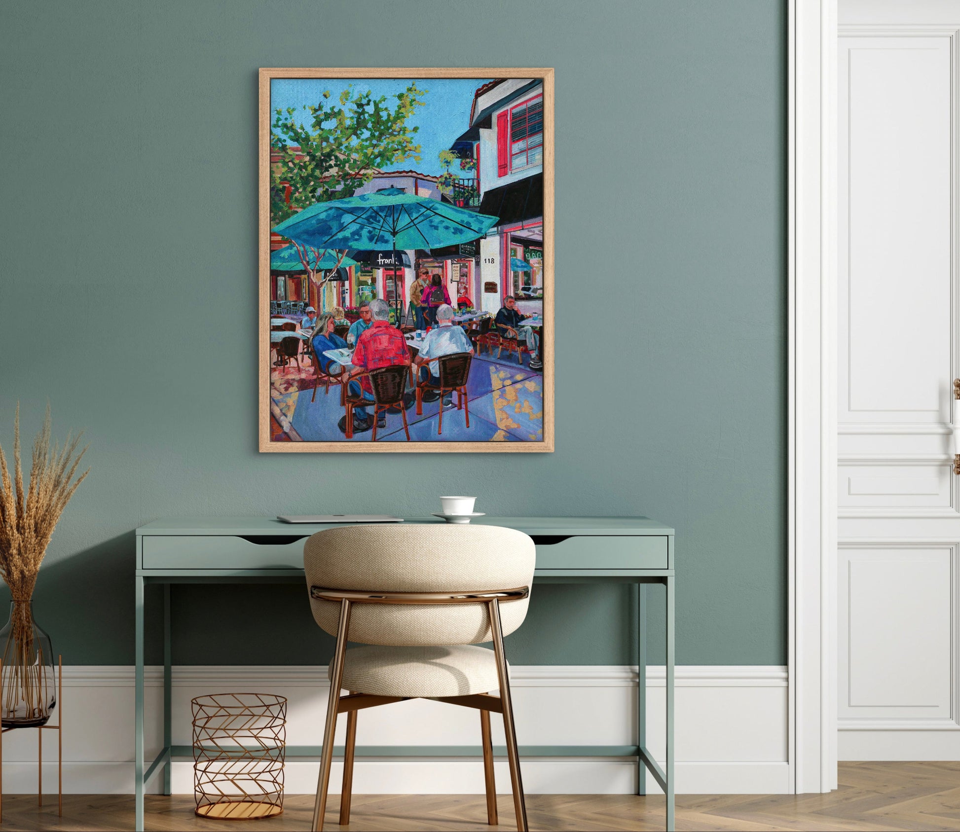 sidewalk scene outside Barney's coffee shop on Park Ave Winter Park painting on pale grey/ green wall of minimalist home office.