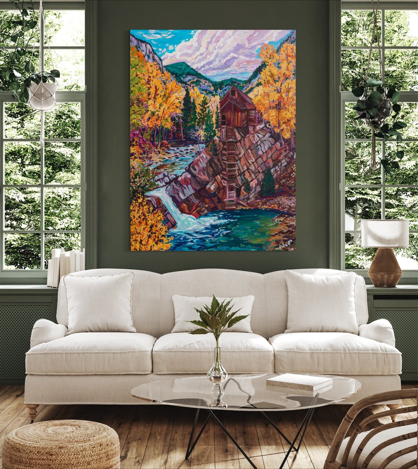 Beautiful autumn scene of mountain stream with old mill perched on a cliff in a green living room