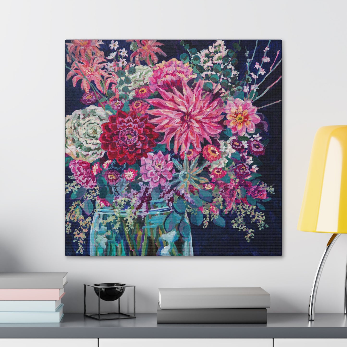 Warm Winter Floral Still Life— Gallery Wrapped Canvas Reproduction with navy edges