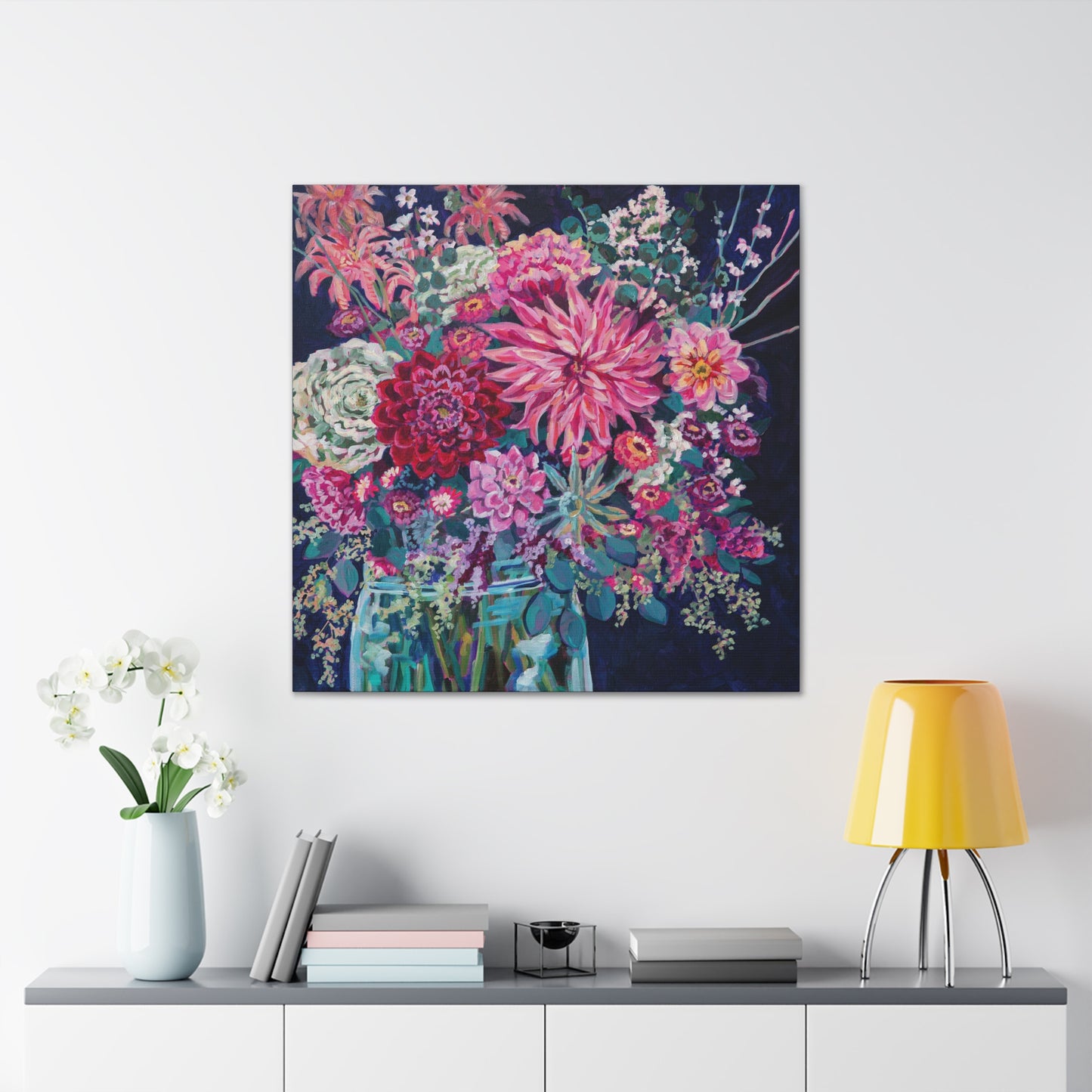 Warm Winter Floral Still Life— Gallery Wrapped Canvas Reproduction with navy edges