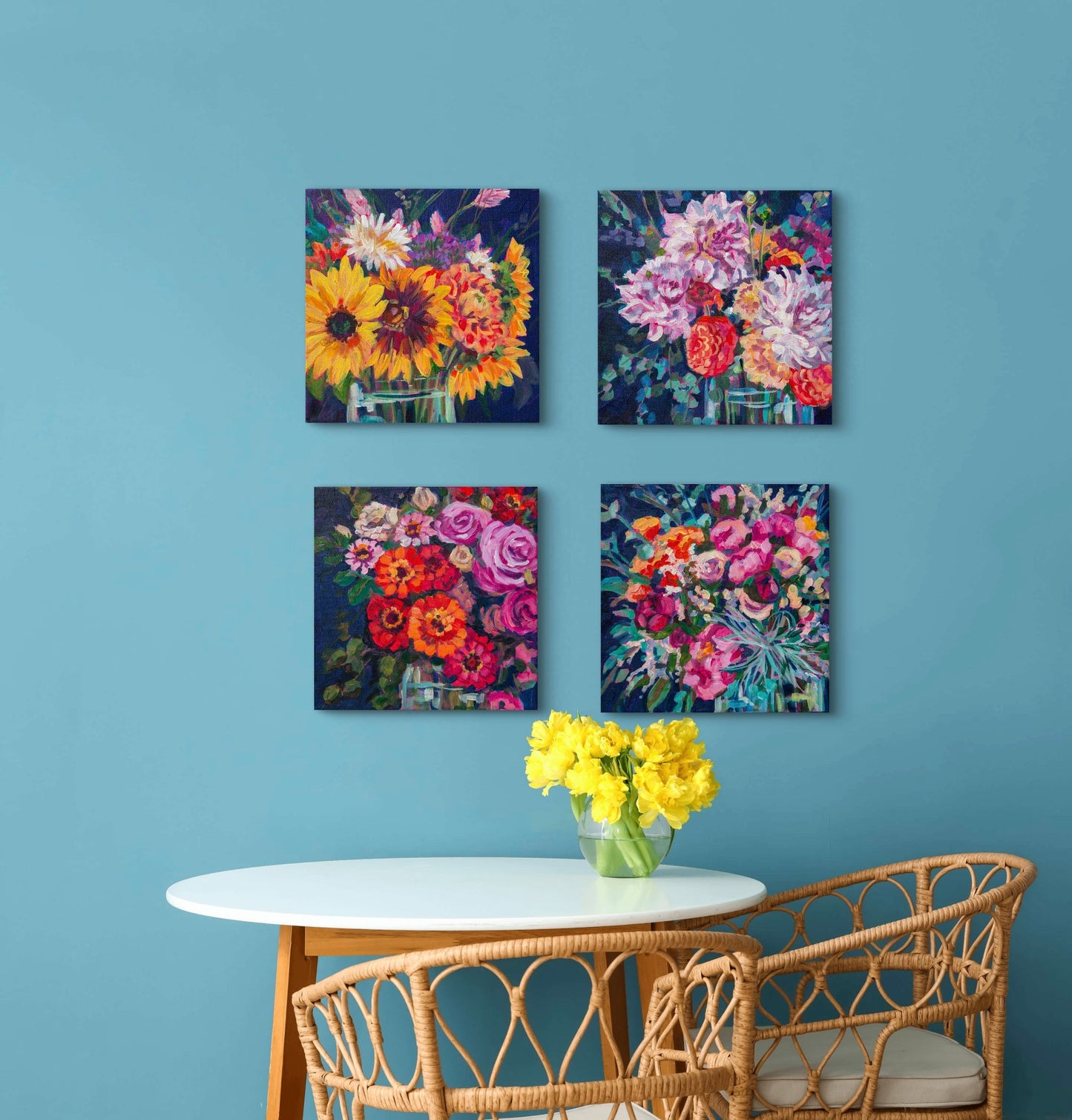 cozy bright kitchen nook with table and two chairs with floral still ives by artist Heather Nagy