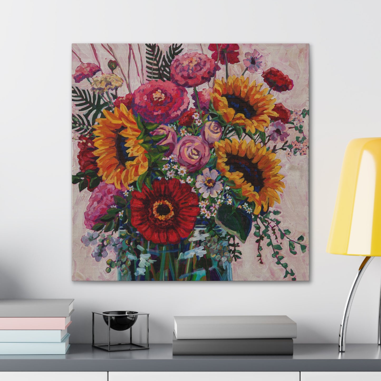 Sunflower and Zinnia Still Life— Gallery Wrapped Canvas Reproduction with navy edges
