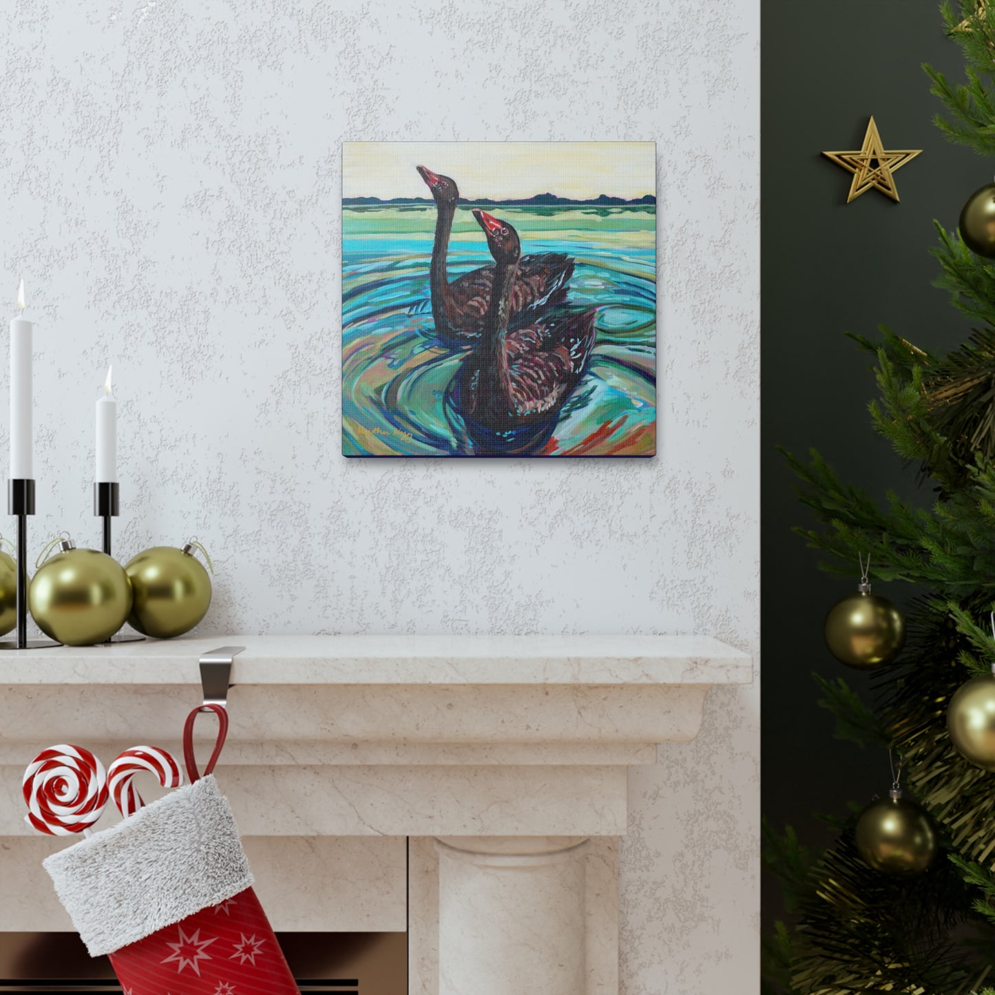 Black swan pair— Gallery Wrapped Canvas Reproduction