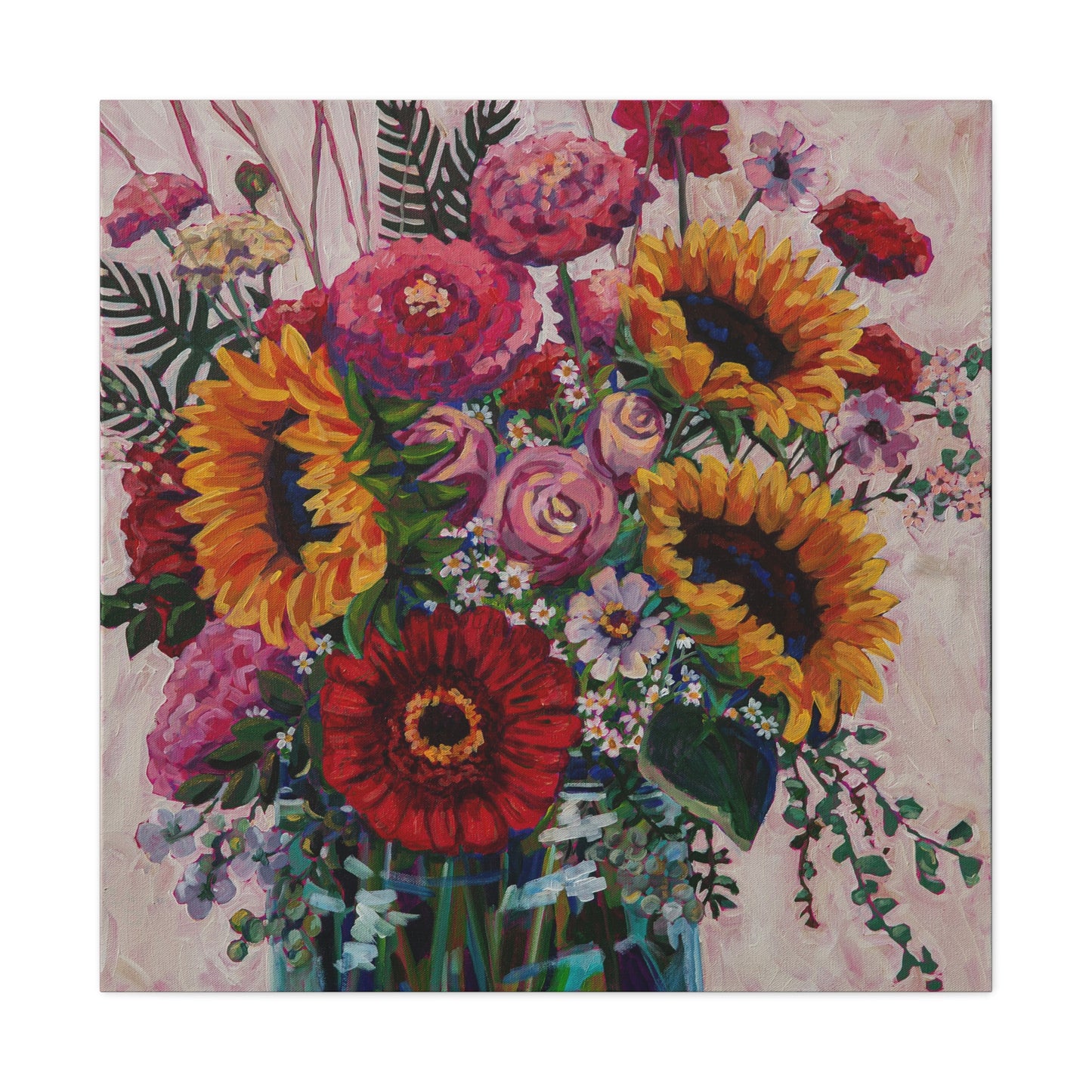 Sunflower and Zinnia Still Life— Gallery Wrapped Canvas Reproduction with navy edges
