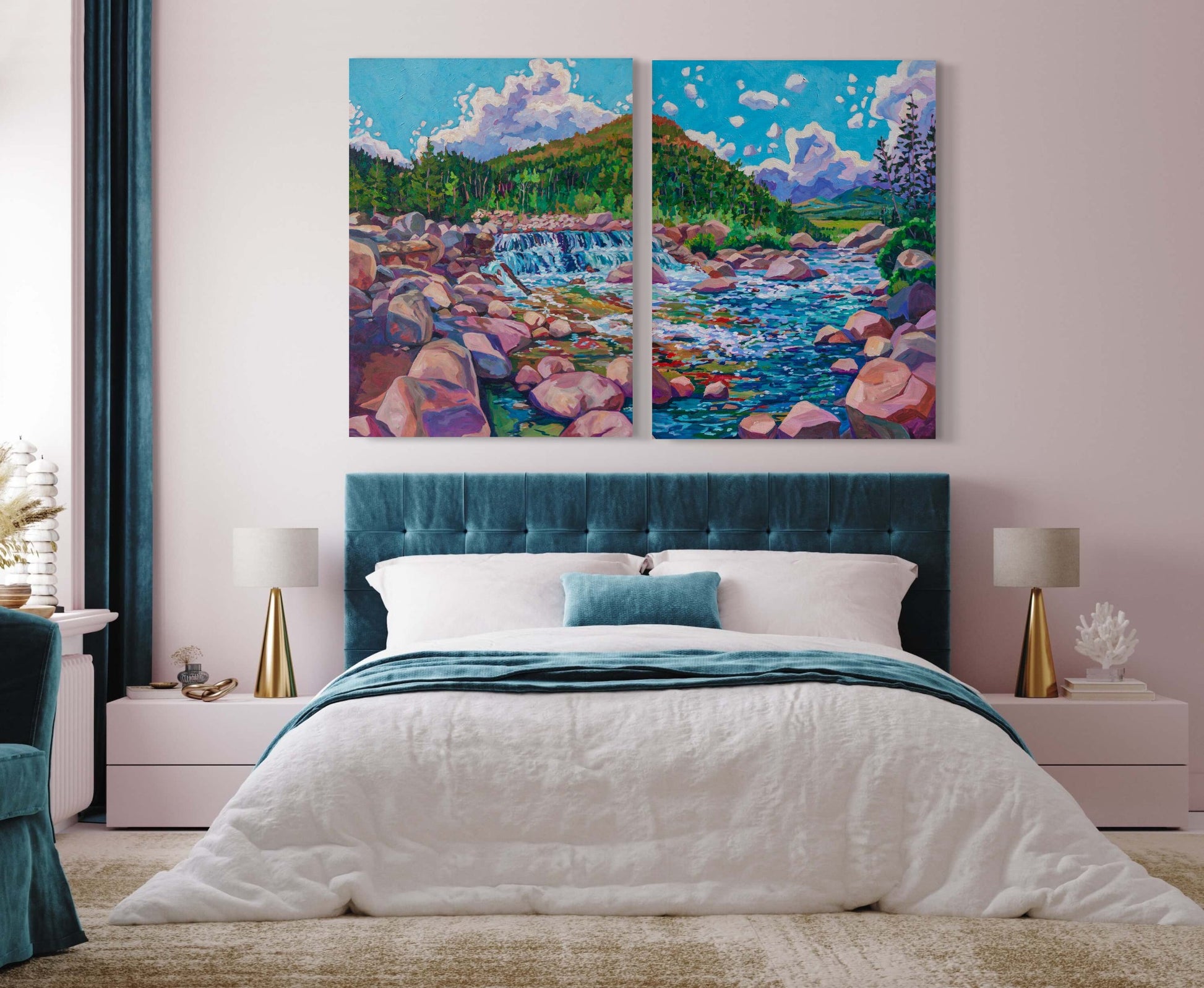 bedroom with large painting of Rocky mountain rocky mountain stream