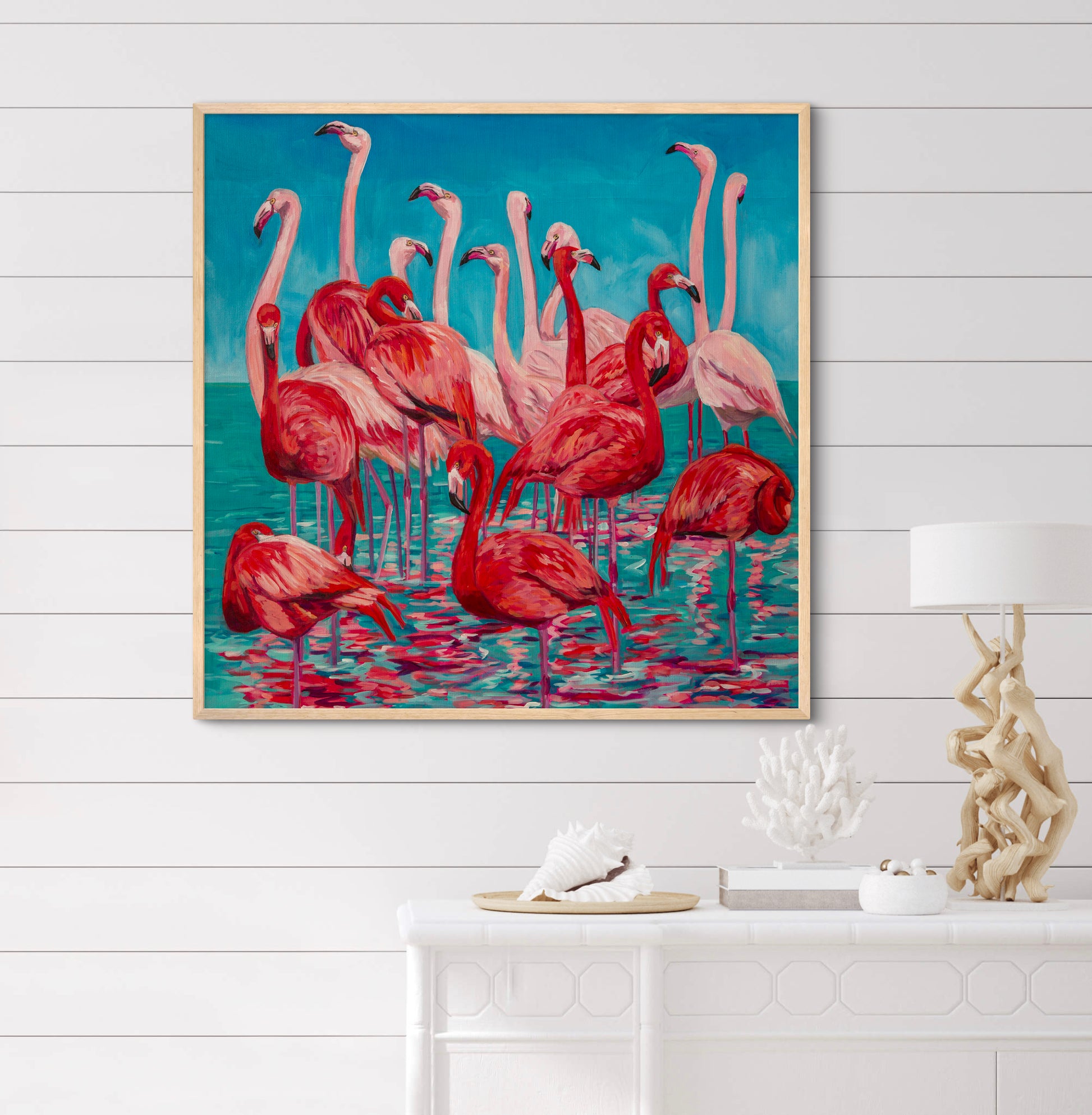 Flamboyance of Flamingos playful impressionist bird lover painting on white wall in coastal decorated home.
