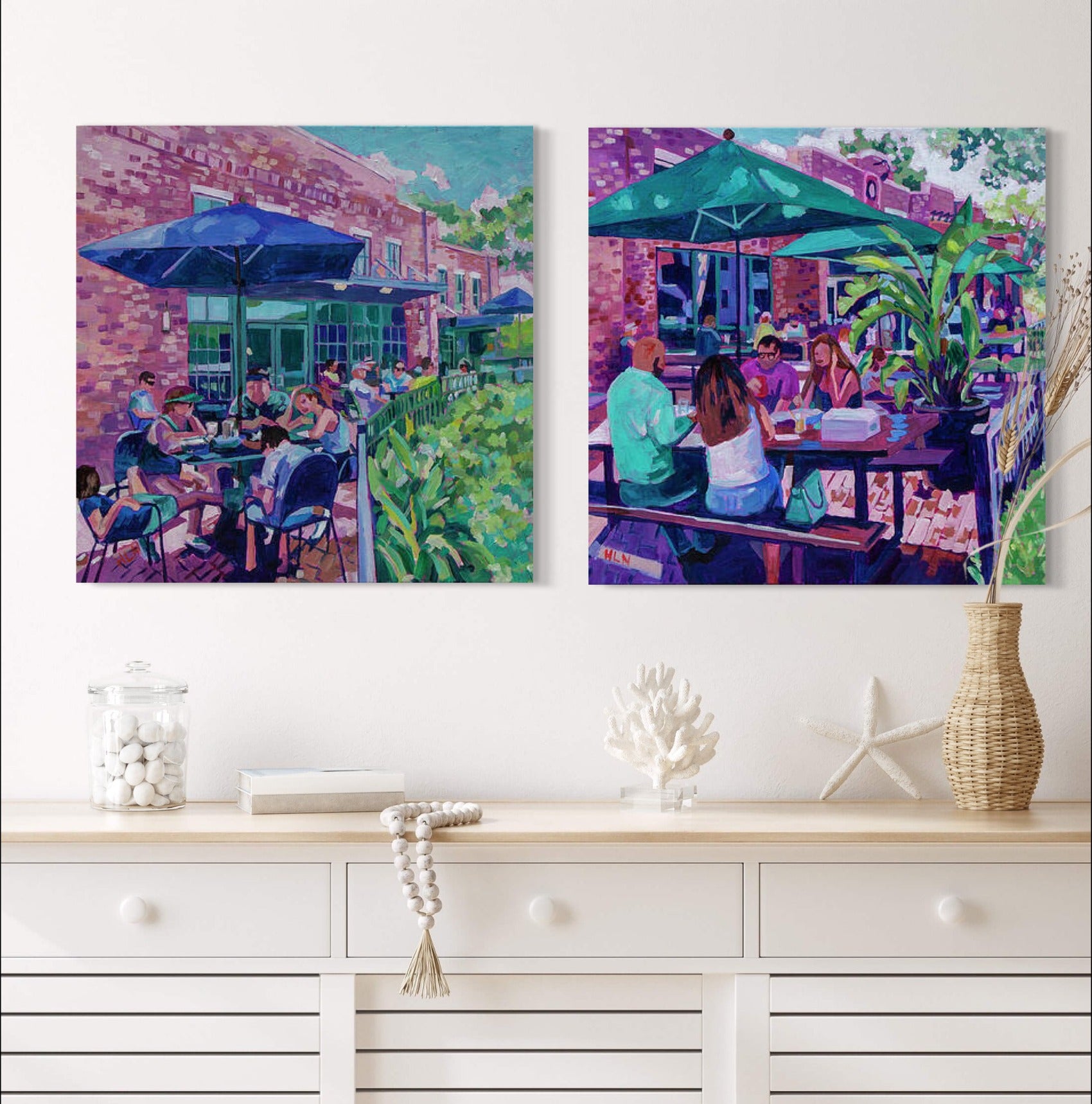 two paintings of outdoor cafe scene Winter Garden with blue teal umbrellas
