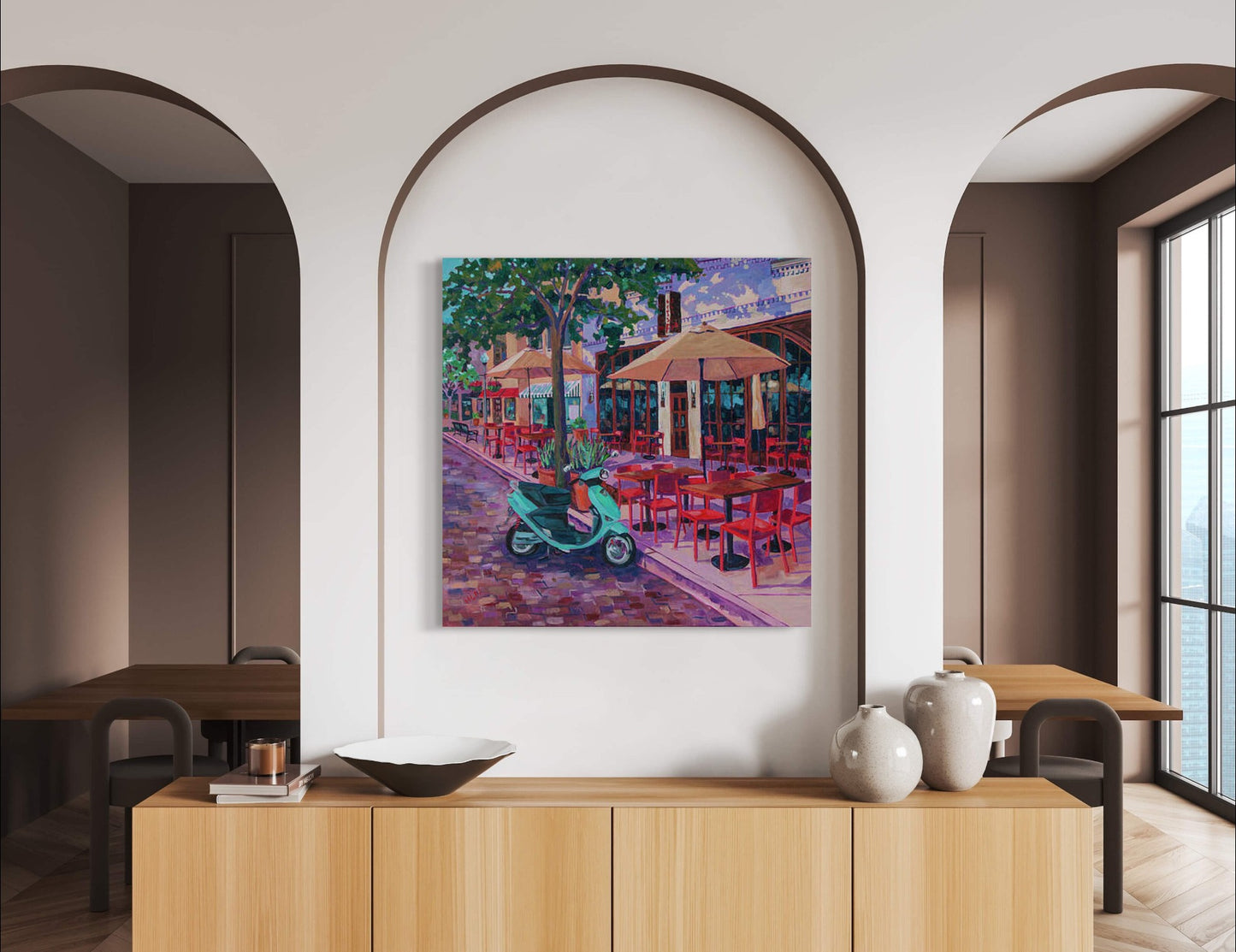 interior room with arches painting of vespa at outdoor cafe of Winter Park's Prato restaurant