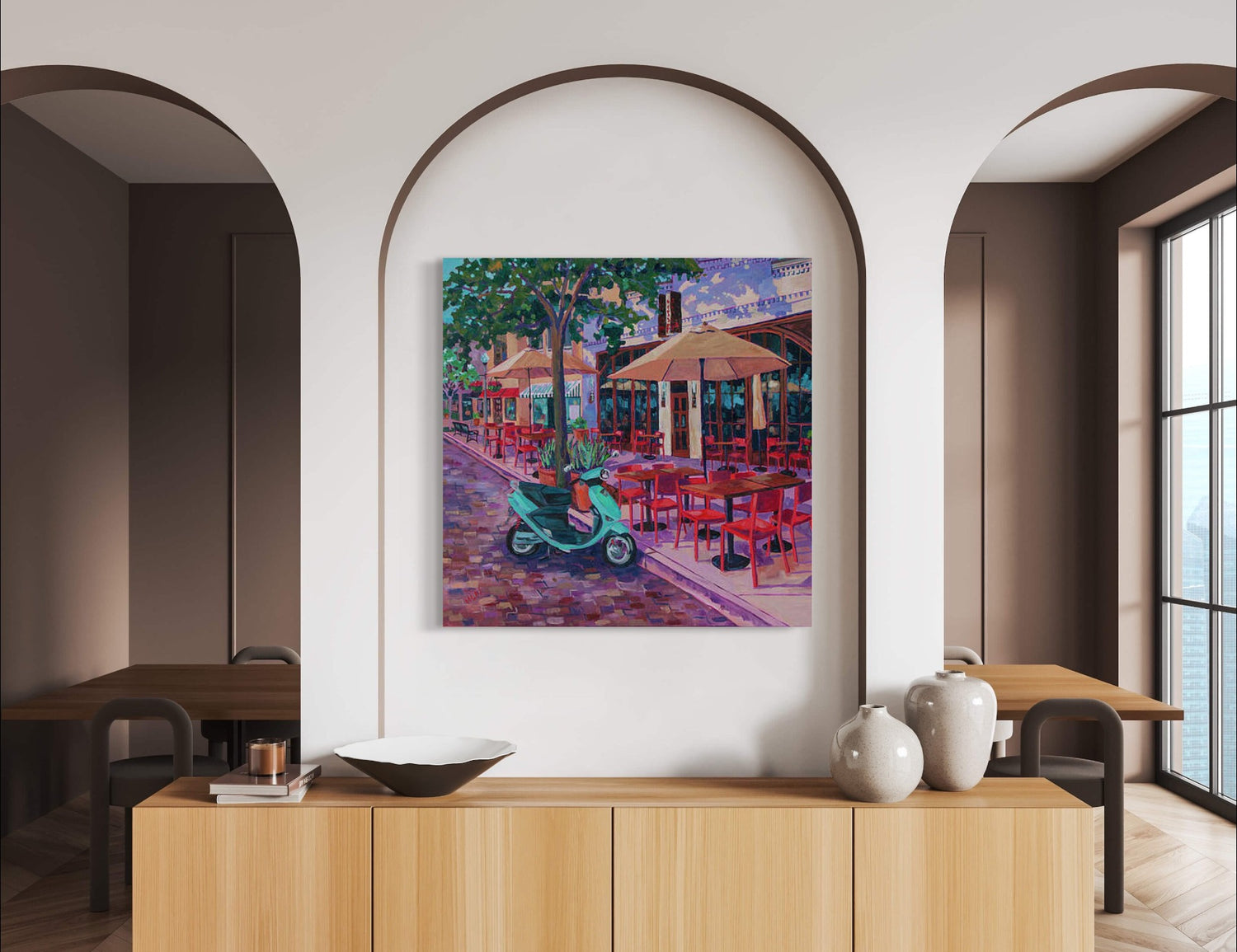 interior room with arches painting of vespa at outdoor cafe of Winter Park's Prato restaurant