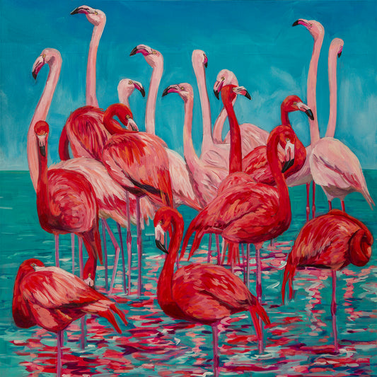 square painting featuring a grouping of flamingos also called a flamboyance in shallow turquoise warm waters that reflect the pinks of the birds and a blue sky, tropical fun and warm.