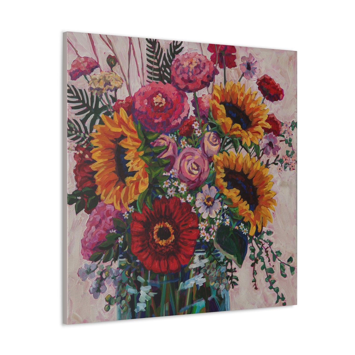 Sunflower and Zinnia Still Life— Gallery Wrapped Canvas Reproduction with navy edges