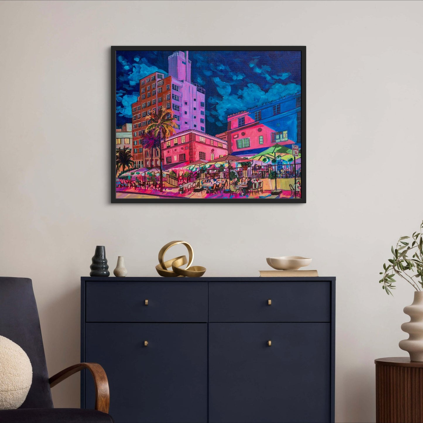 Les Deux Fontaines and the Tides South Beach Condo Miami painting of lively night street scene with outdoor cafes in sleek modern living room area.