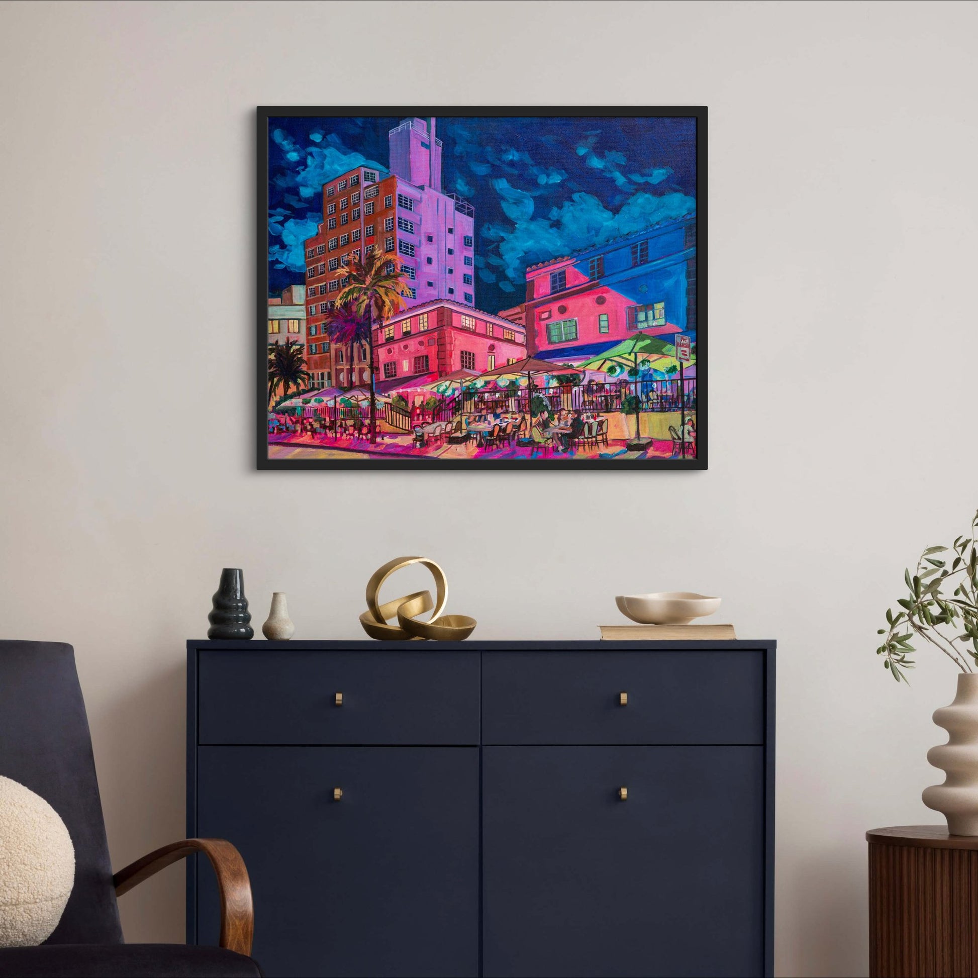 Les Deux Fontaines and the Tides South Beach Condo Miami painting of lively night street scene with outdoor cafes in sleek modern living room area.
