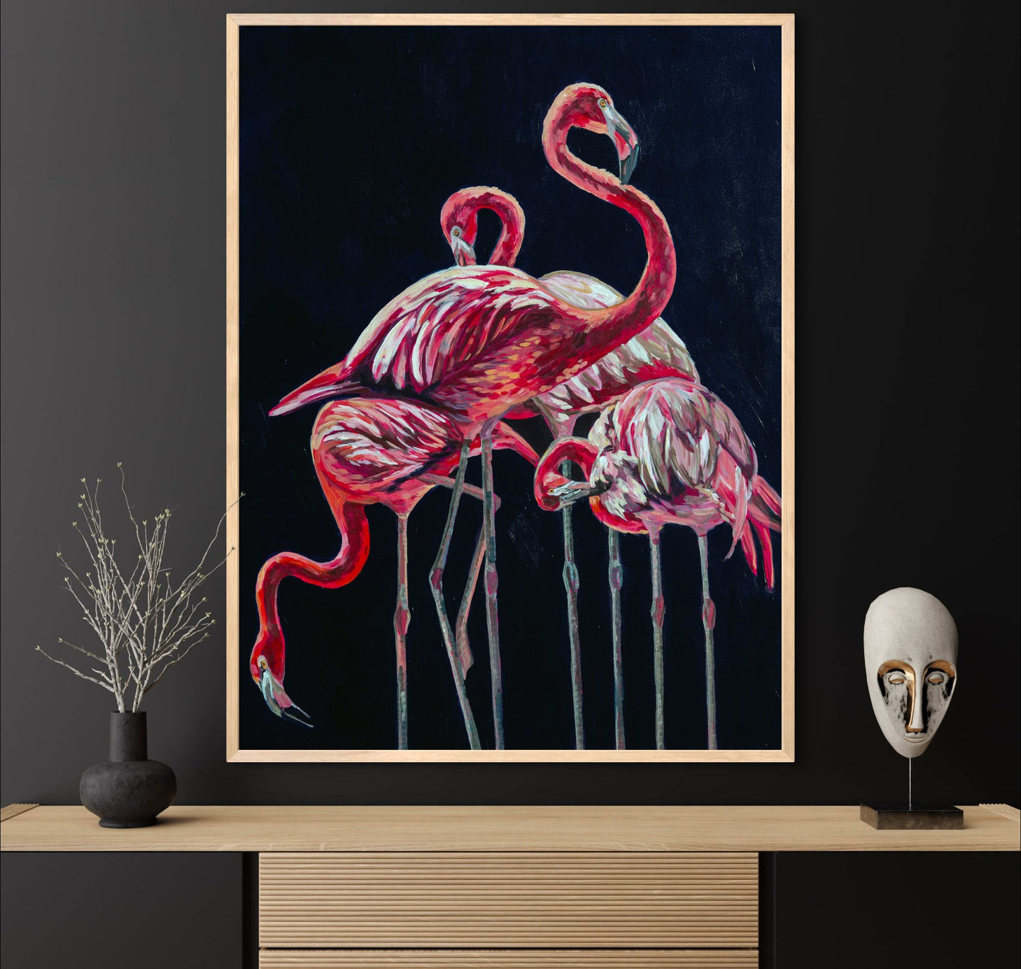 painting of flamingos in various poses above a wood credenza in dark room. artwork modern impressionist painter Heather Nagy