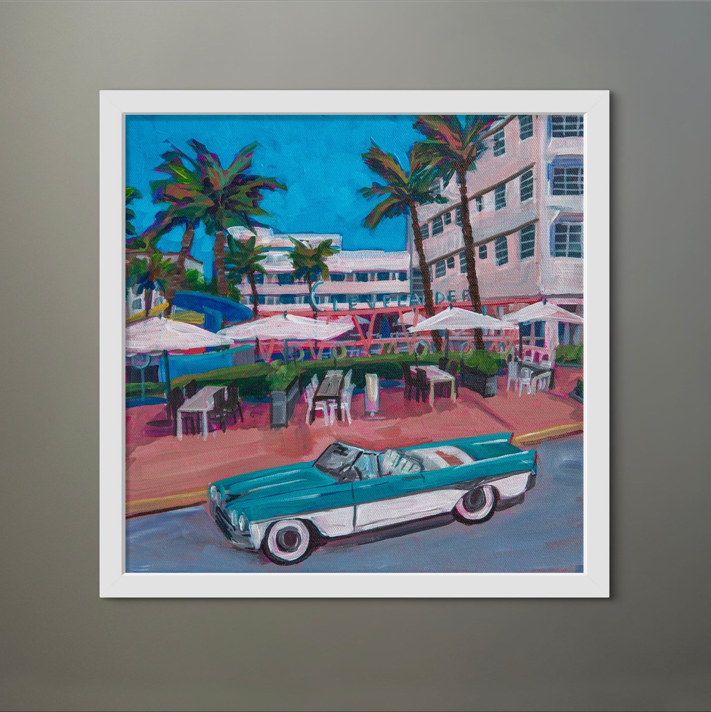 The Clevelander Hotel South Beach painting with a teal and white classic convertible car.