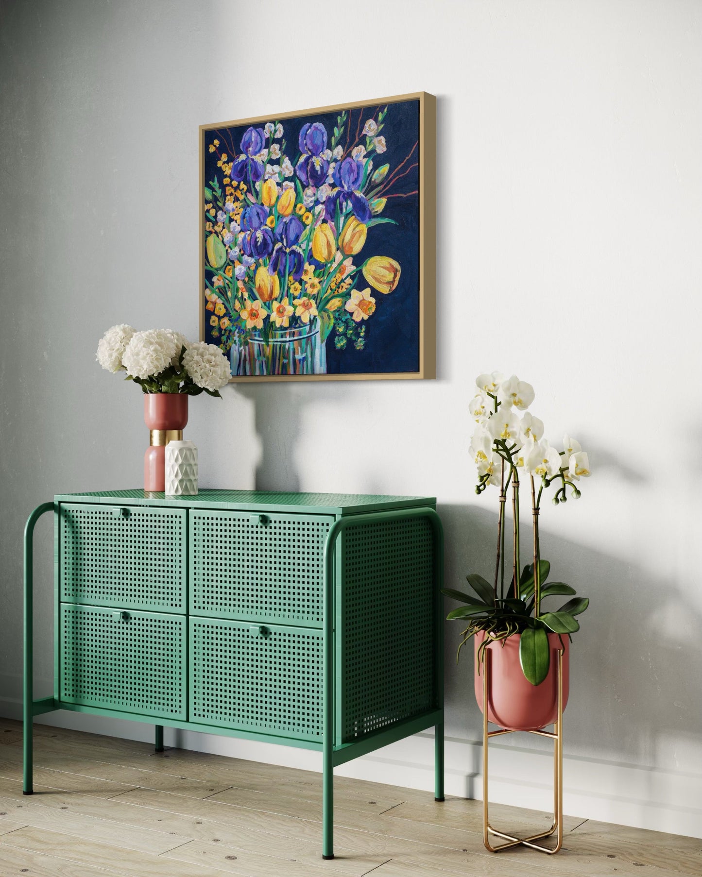 Vibrant spring flowers painting in room with whimsical green shelf and live floral plants.