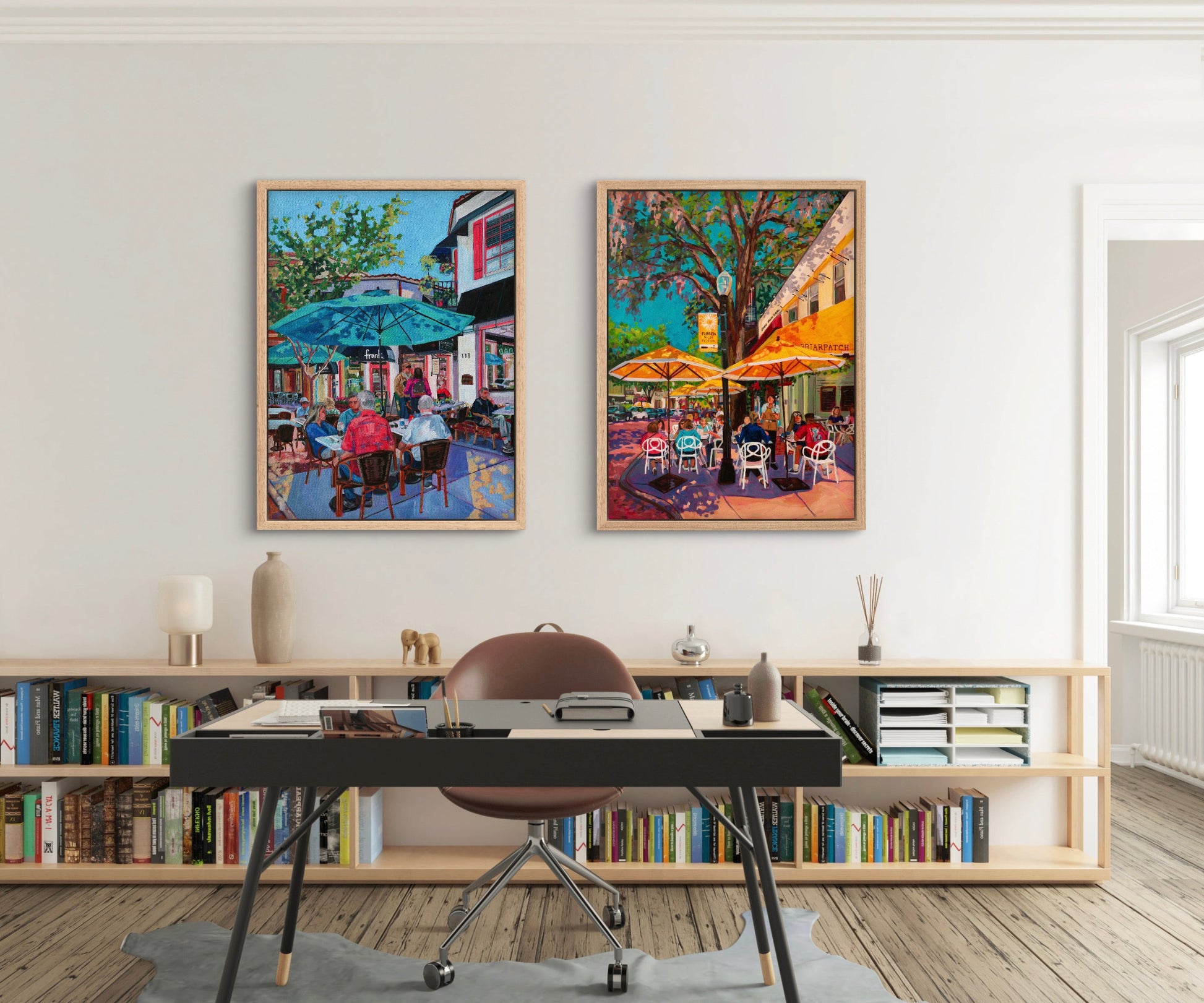 2 vibrant cafe street scenes with umbrellas of Winter Park Florida in a bright home office setting.