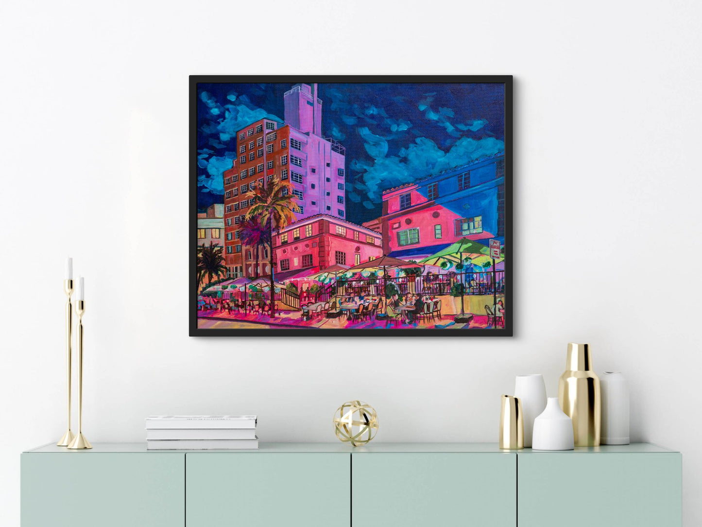 Les Deux Fontaines and the Tides South Beach Condo Miami impressionist painting above a modern teal credenza with gold and white vases and decor