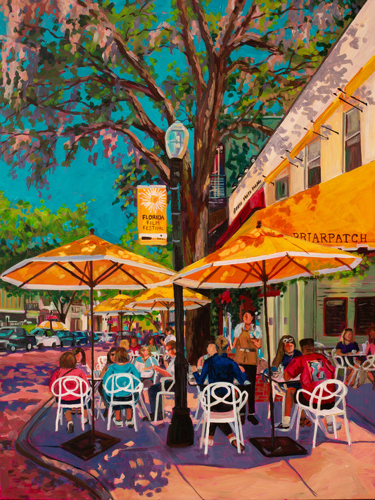 Briarpatch restaurant outdoor brunch under bright yellow umbrellas, charming impressionistic painting.