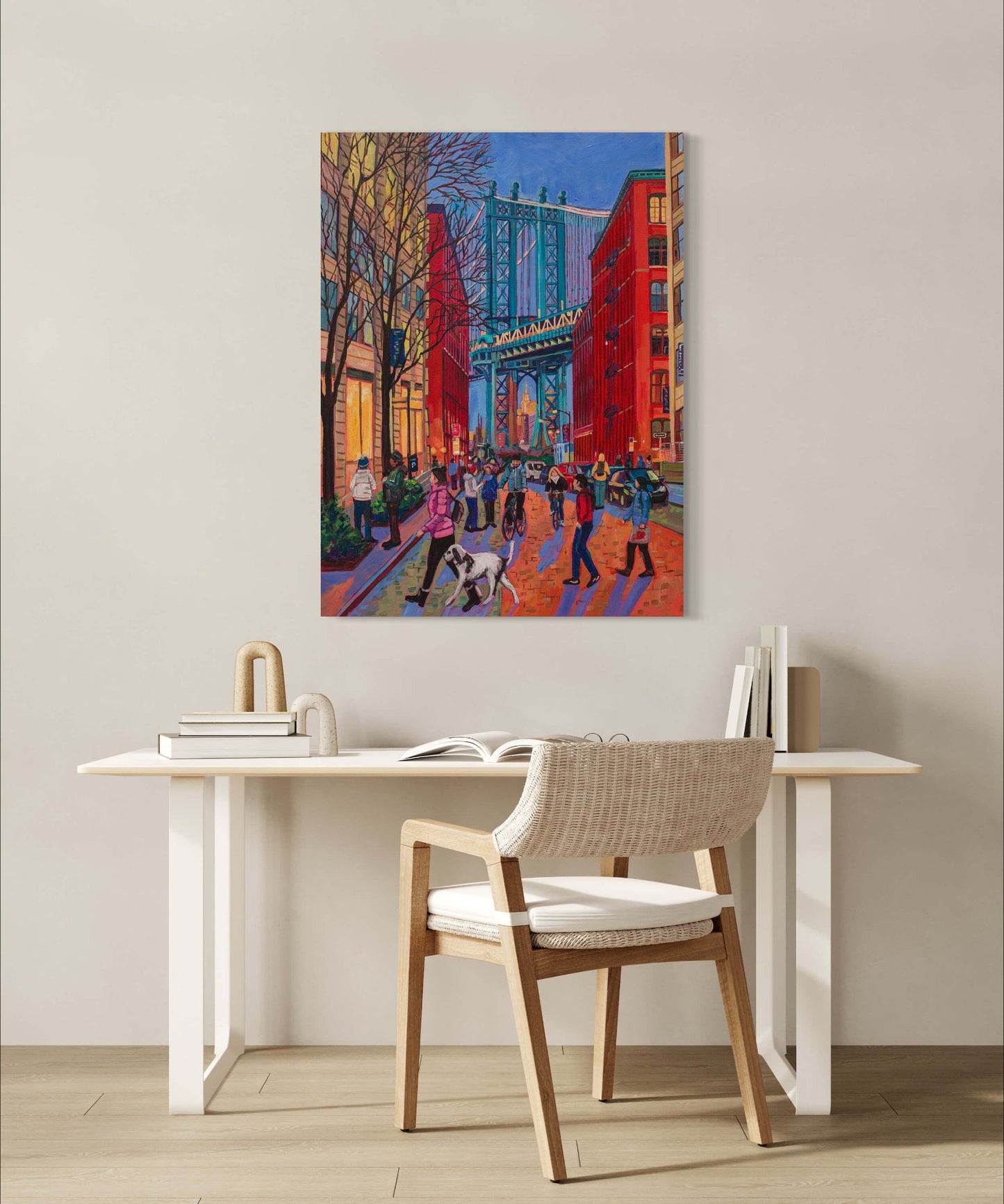 Artwork of the view through the Manhattan Bridge looking at the Empire State Building, from the DUMBO area of Brooklyn