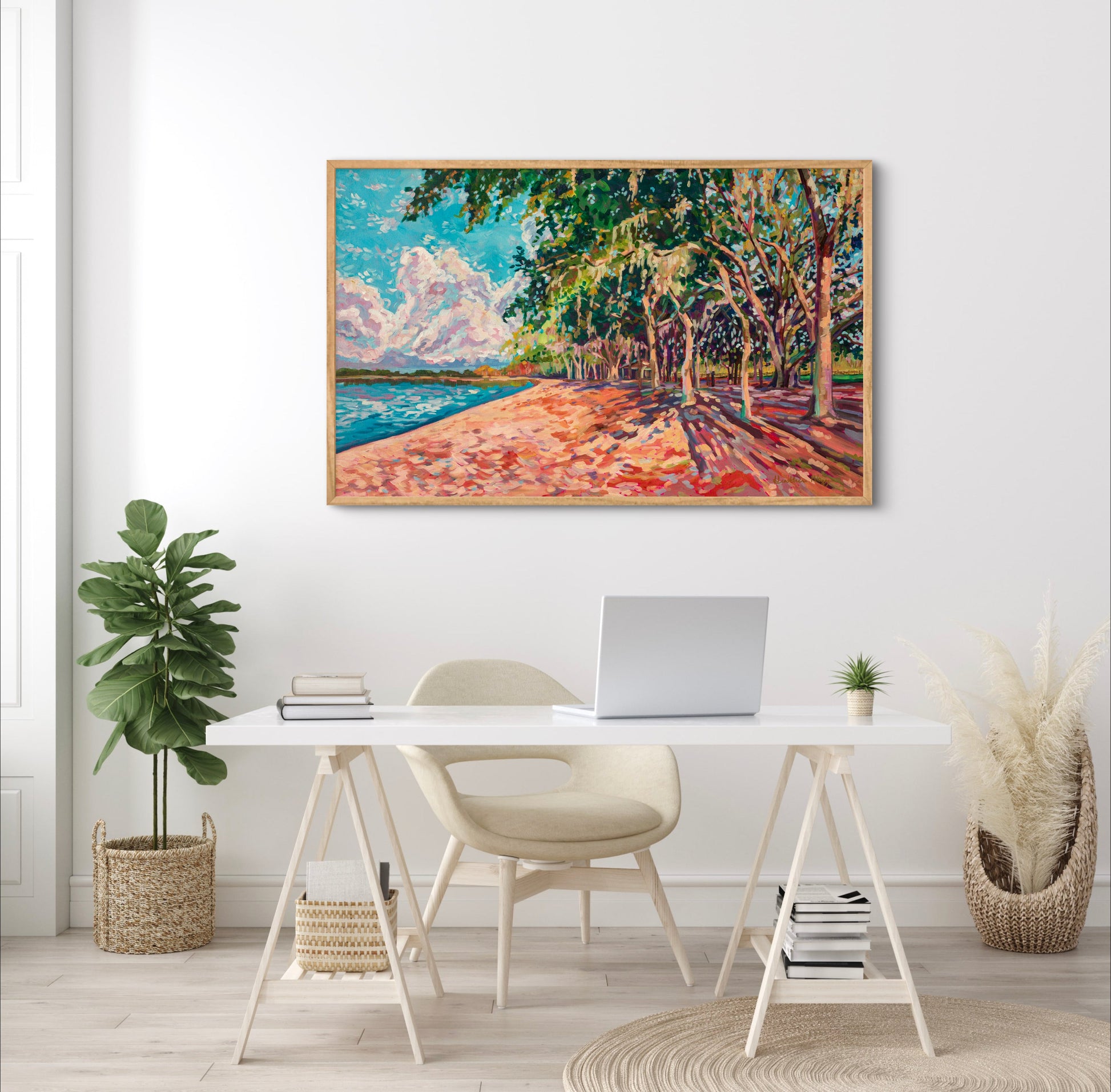 White clean minimal home office setting with large-scale vibrant impressionis landscape painting by artist Heather Nagy