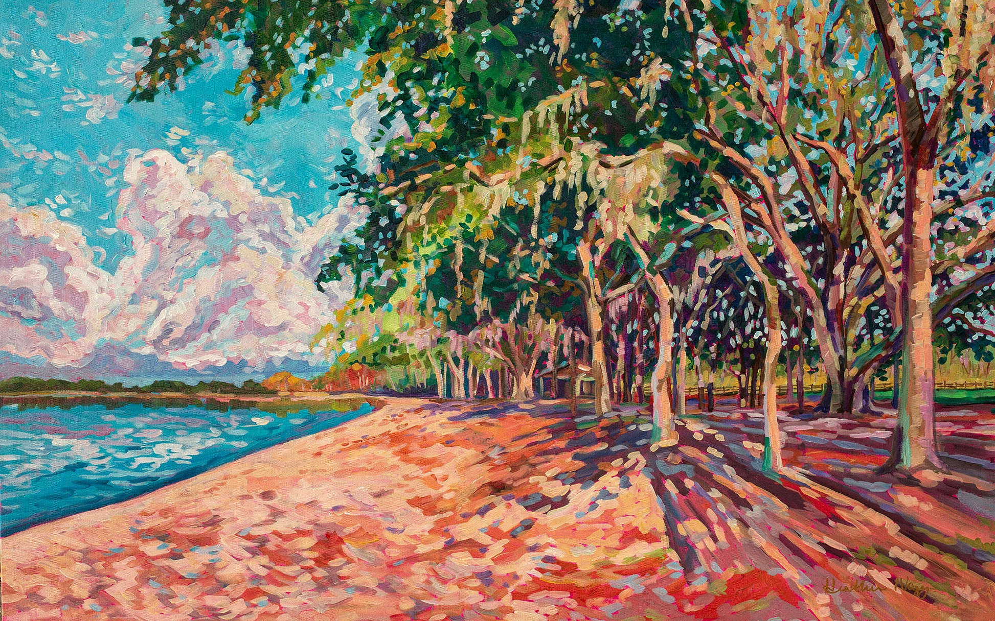 modern impressionist painting by artist Heather Nagy of Chisholm Park in along the shores of East Lake Toho in the Orlando/ St Cloud area with oak trees, sandy beach and playful clouds.