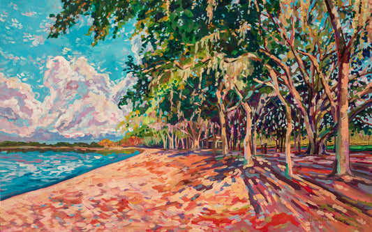 modern impressionist painting by artist Heather Nagy of Chisholm Park in along the shores of East Lake Toho in the Orlando/ St Cloud area with oak trees, sandy beach and playful clouds.