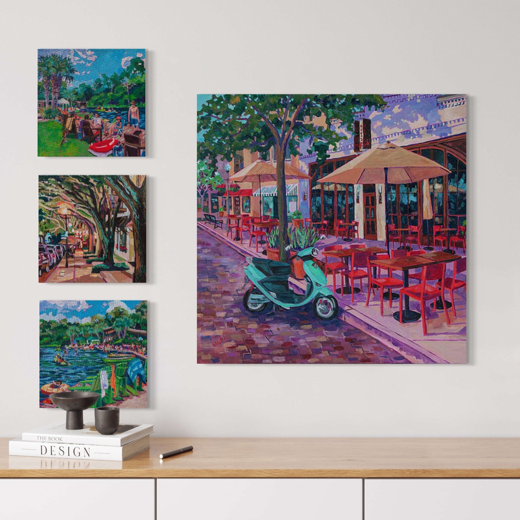 collection of 3 small and one large painting on wall of Winter Park and Wikiva Springs.
