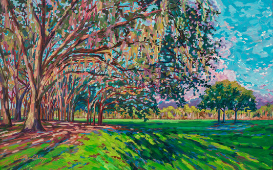 Beautiful modern impressionist painting of park like setting with field of green grass and mature groupings of mature oak trees with Spanish moss with playful brush strokes