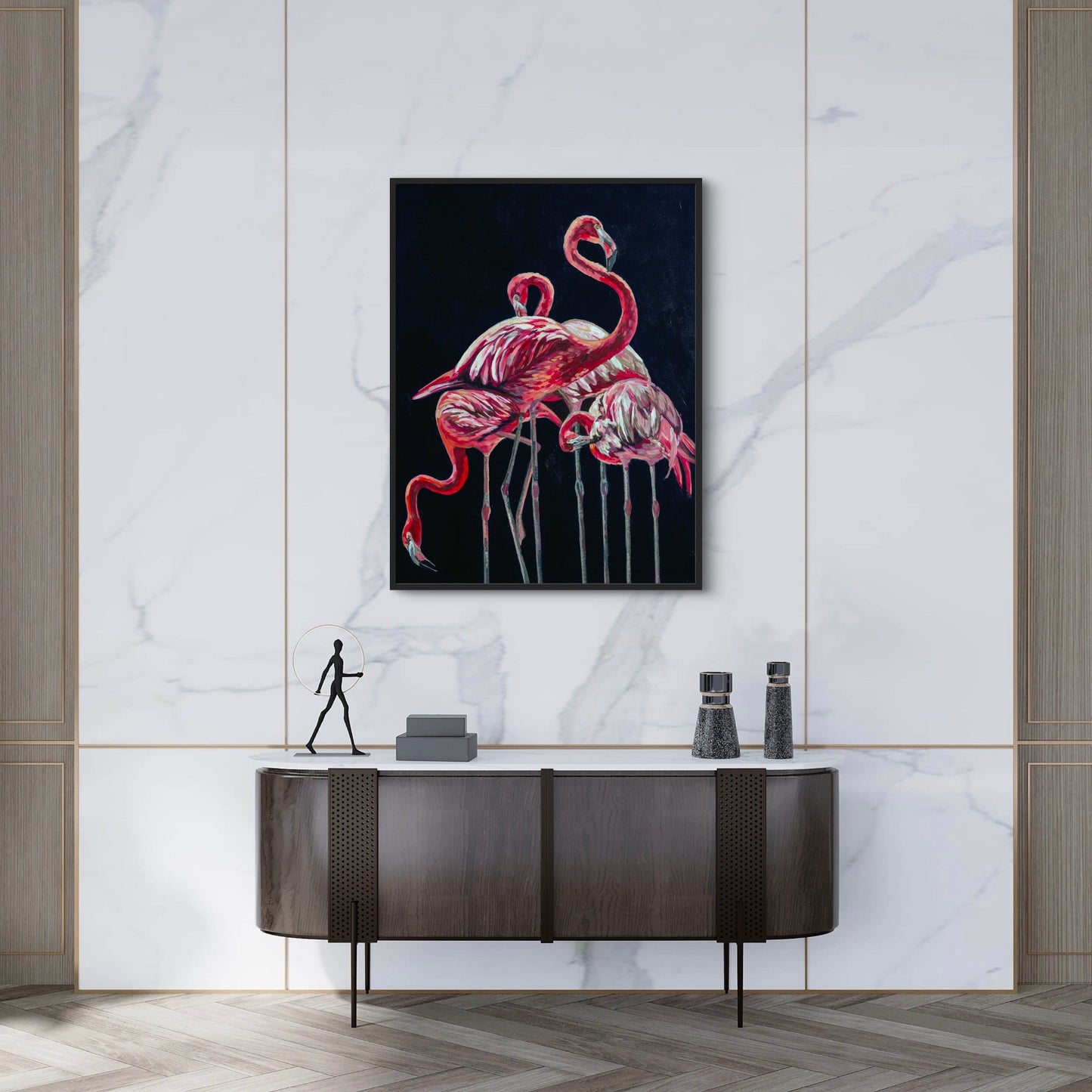marble wall with modern minimalist credenza with canvas painting of waterfowl birds done in pinks and navy.