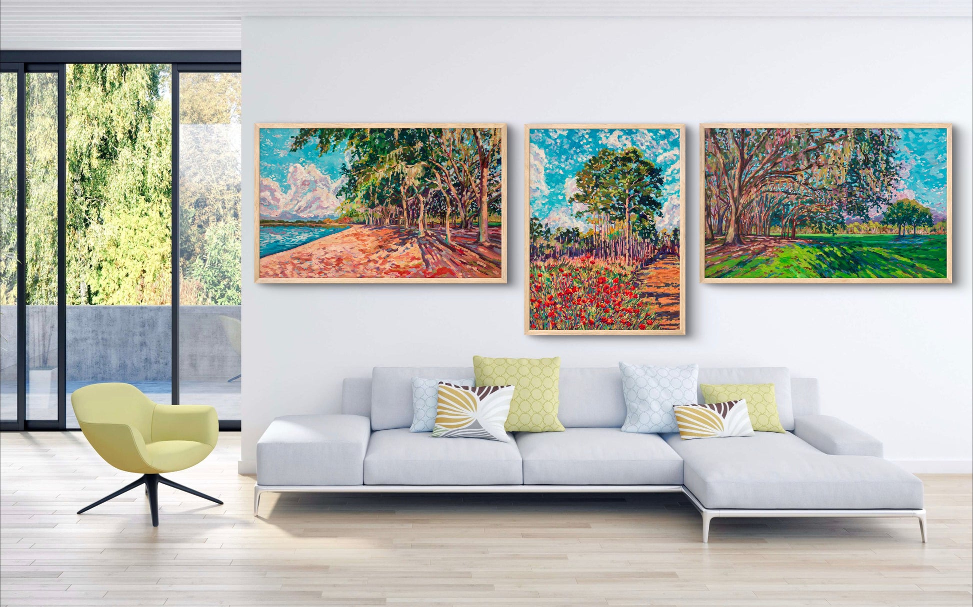 Modern living room  with couch and chair with three dramatic natural landscape paintings by Heather Nagy of park settings from Southeast Orlando
