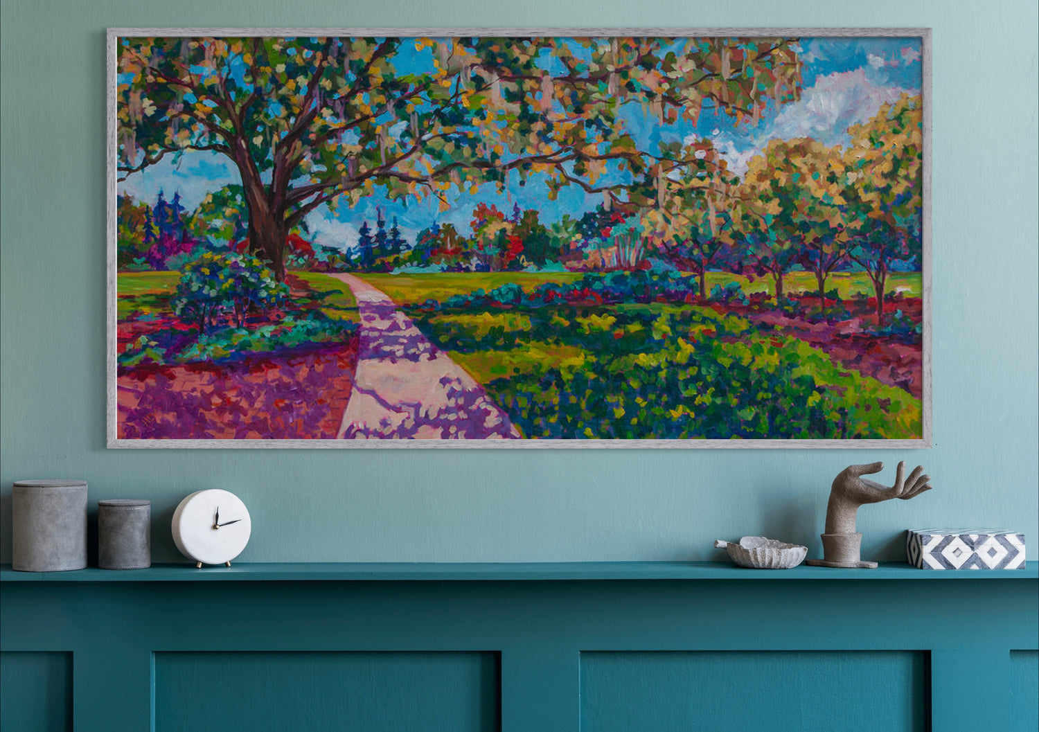 vibrant garden setting with trees and shadows