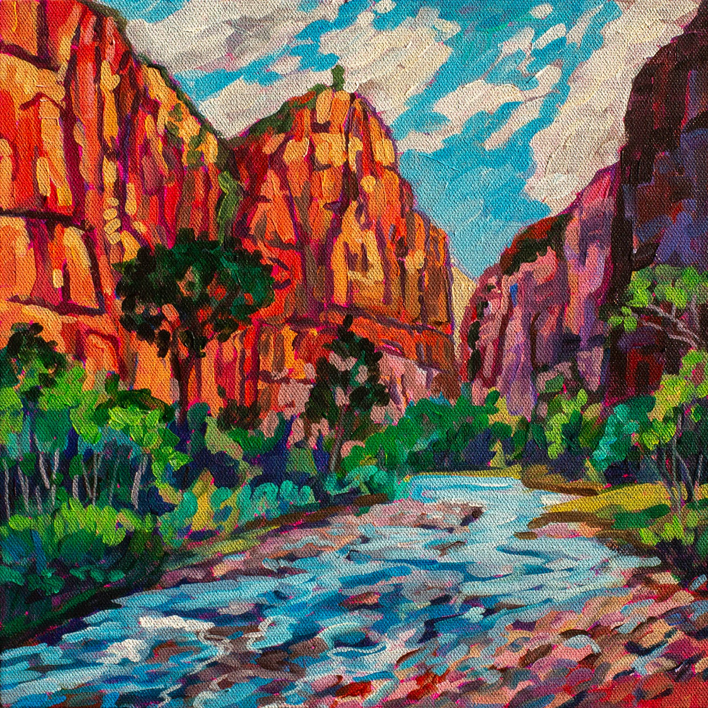 Modern vibrant acrylic landscape painting by artist Heather Nagy of Zion National Park and the hike along the virgin river.